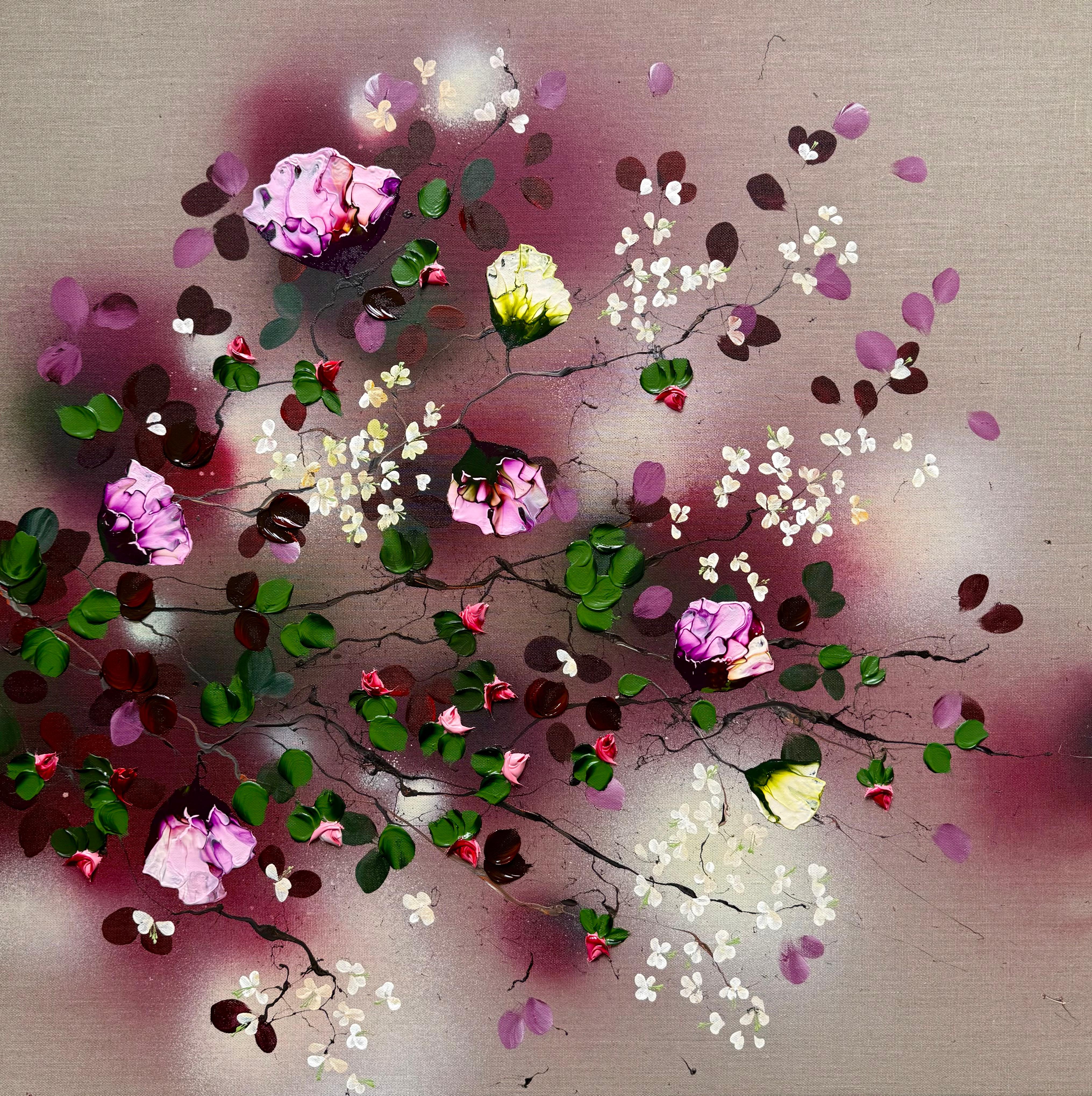 Dipinto di grandi dimensioni in stile contemporaneo, con motivi floreali colorati, rosso scuro, realizzato in Borgogna