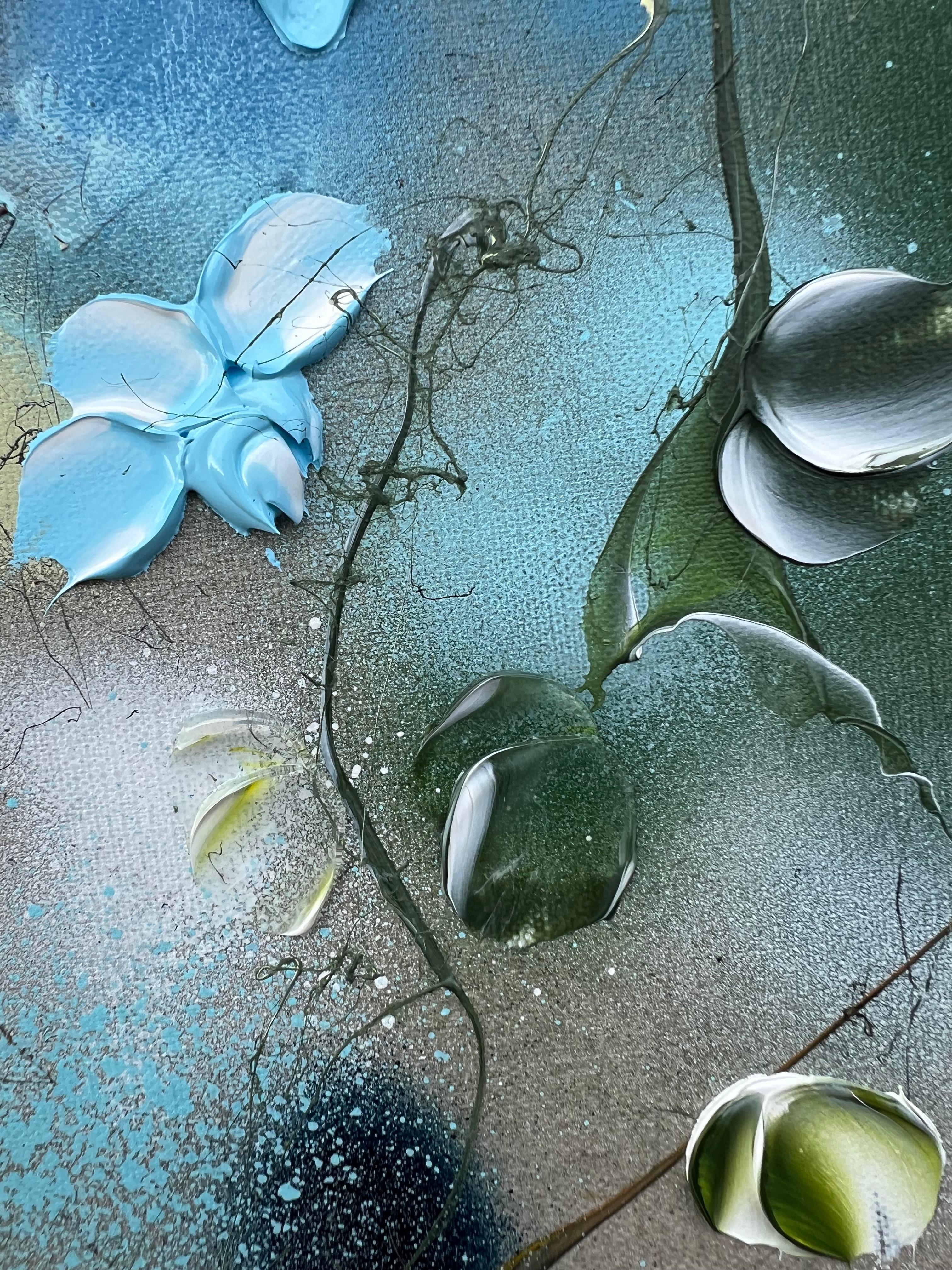 Ikebana I - original impressionistic painting with blue roses on linen canvas For Sale 8