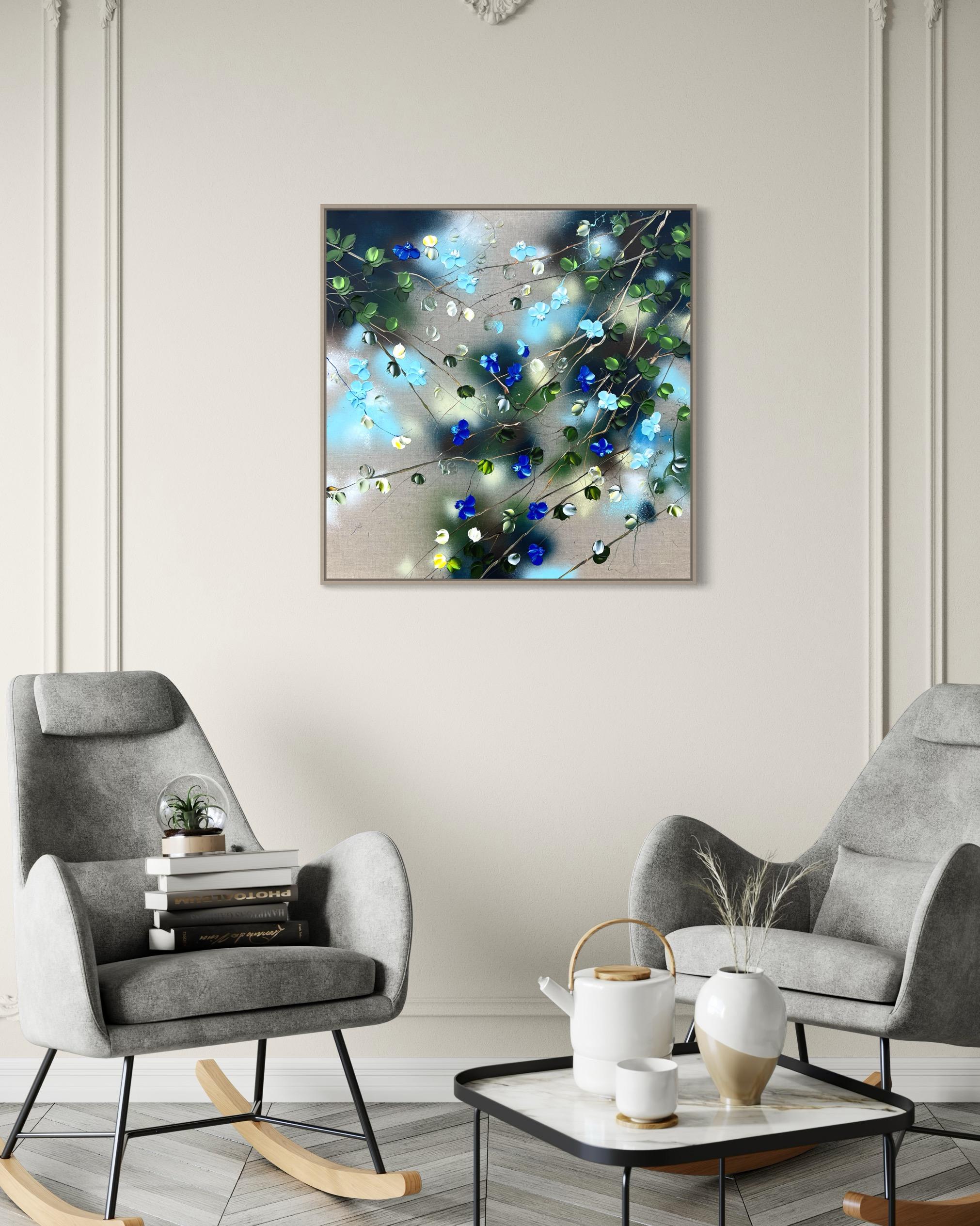 Ikebana I - original impressionistic painting with blue roses on linen canvas For Sale 9