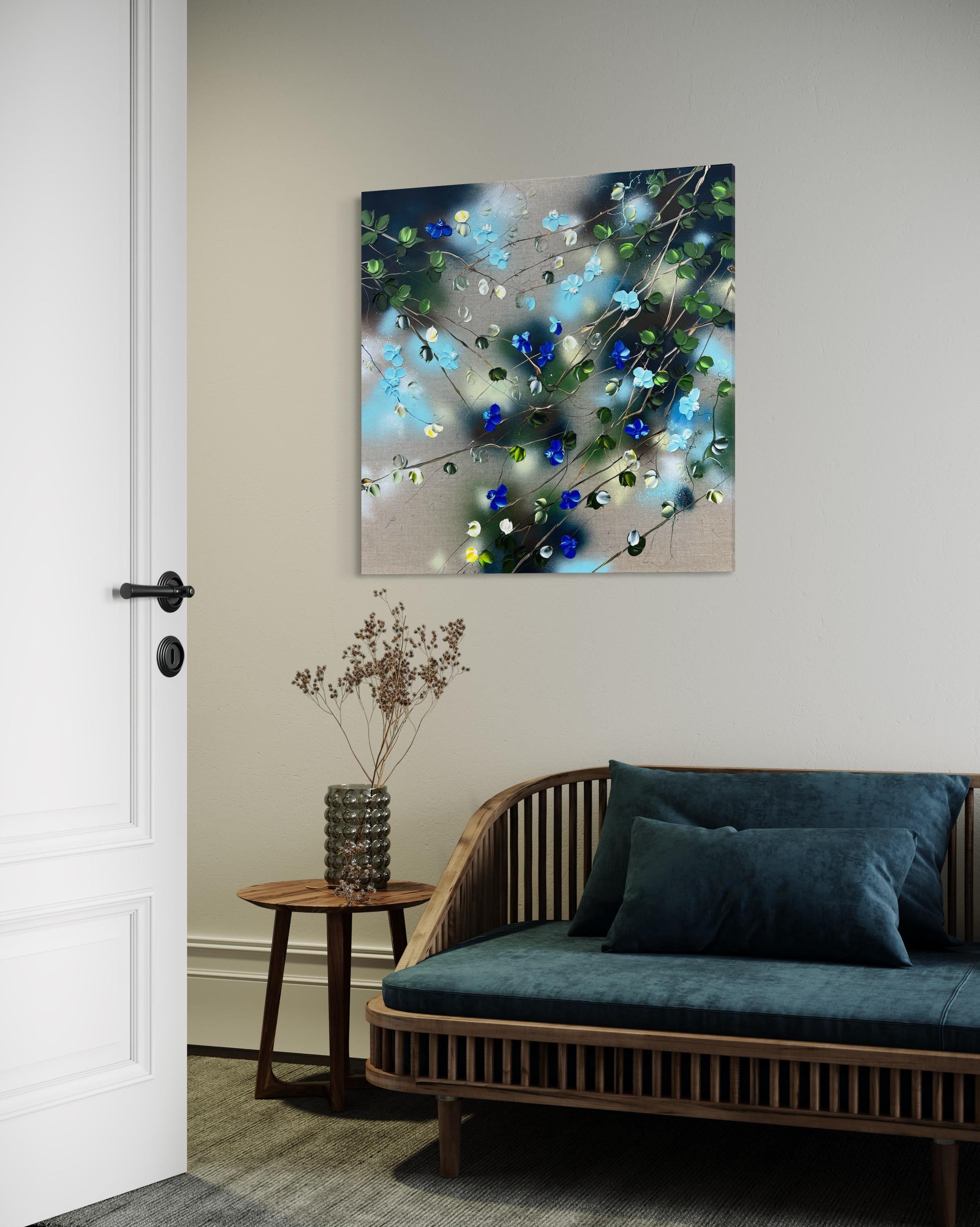 Ikebana I - original impressionistic painting with blue roses on linen canvas For Sale 10