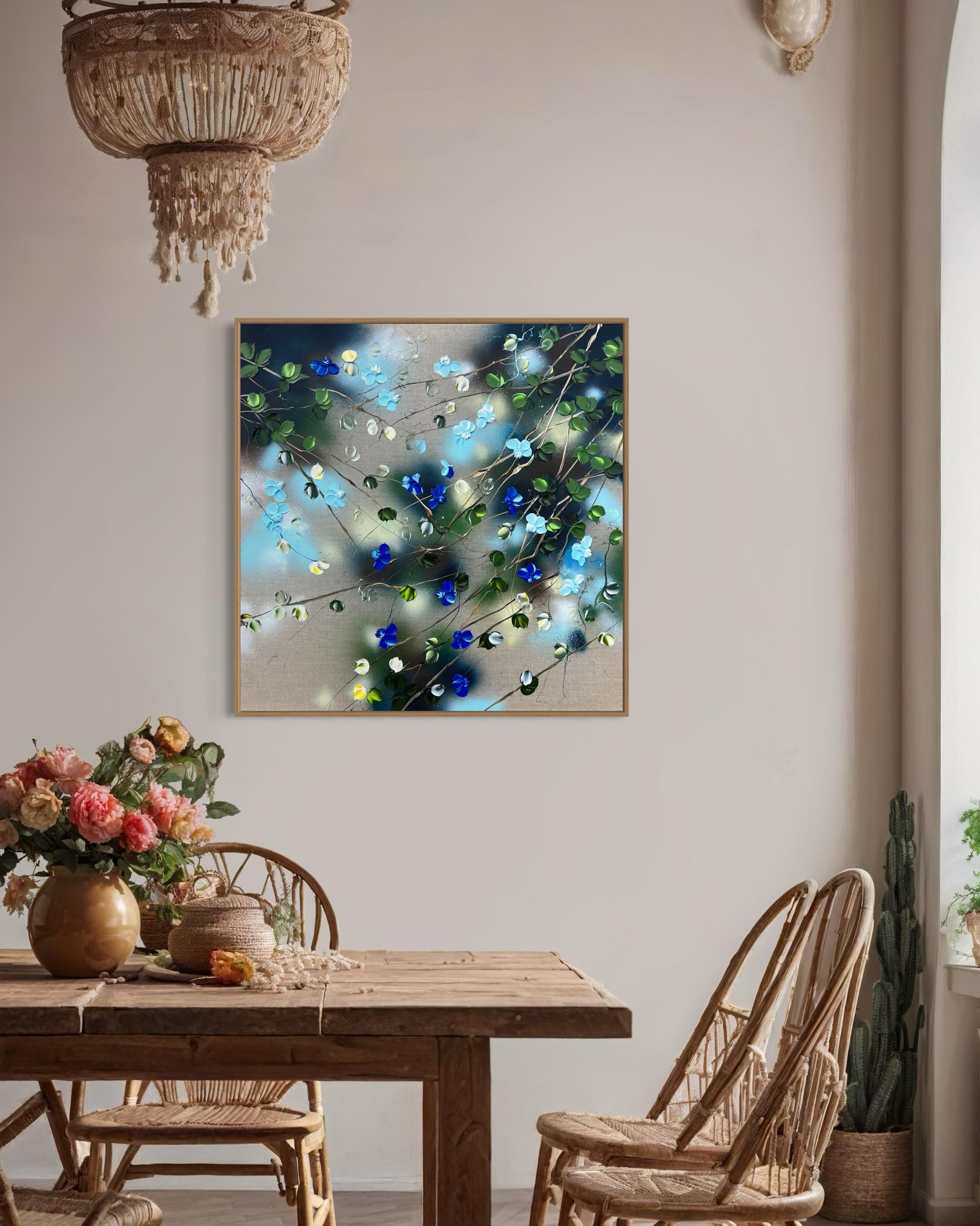 Ikebana I - original impressionistic painting with blue roses on linen canvas For Sale 11