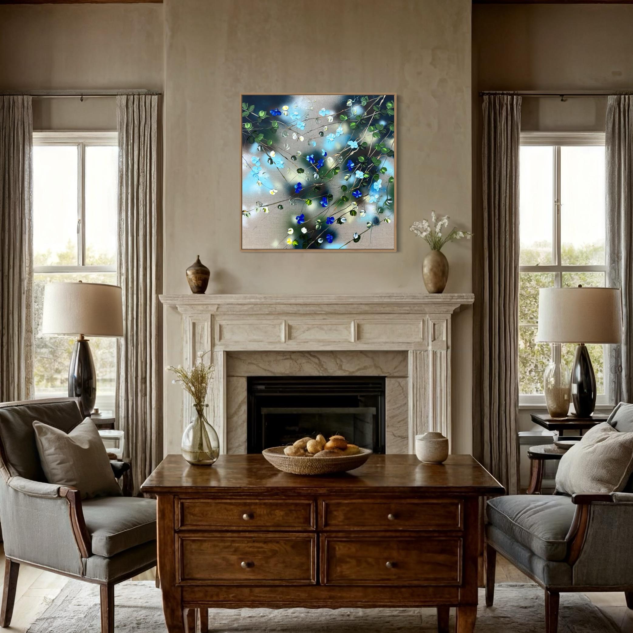 Ikebana I - original impressionistic painting with blue roses on linen canvas For Sale 12