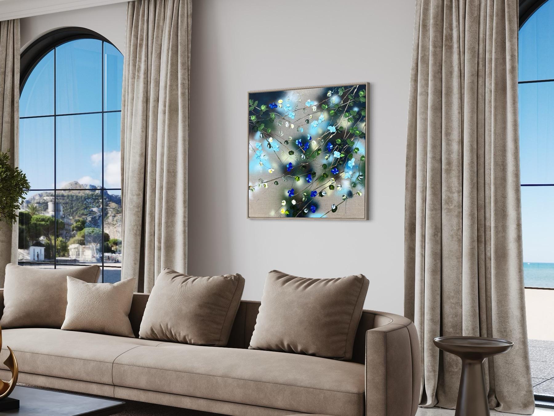 Ikebana I - original impressionistic painting with blue roses on linen canvas For Sale 13