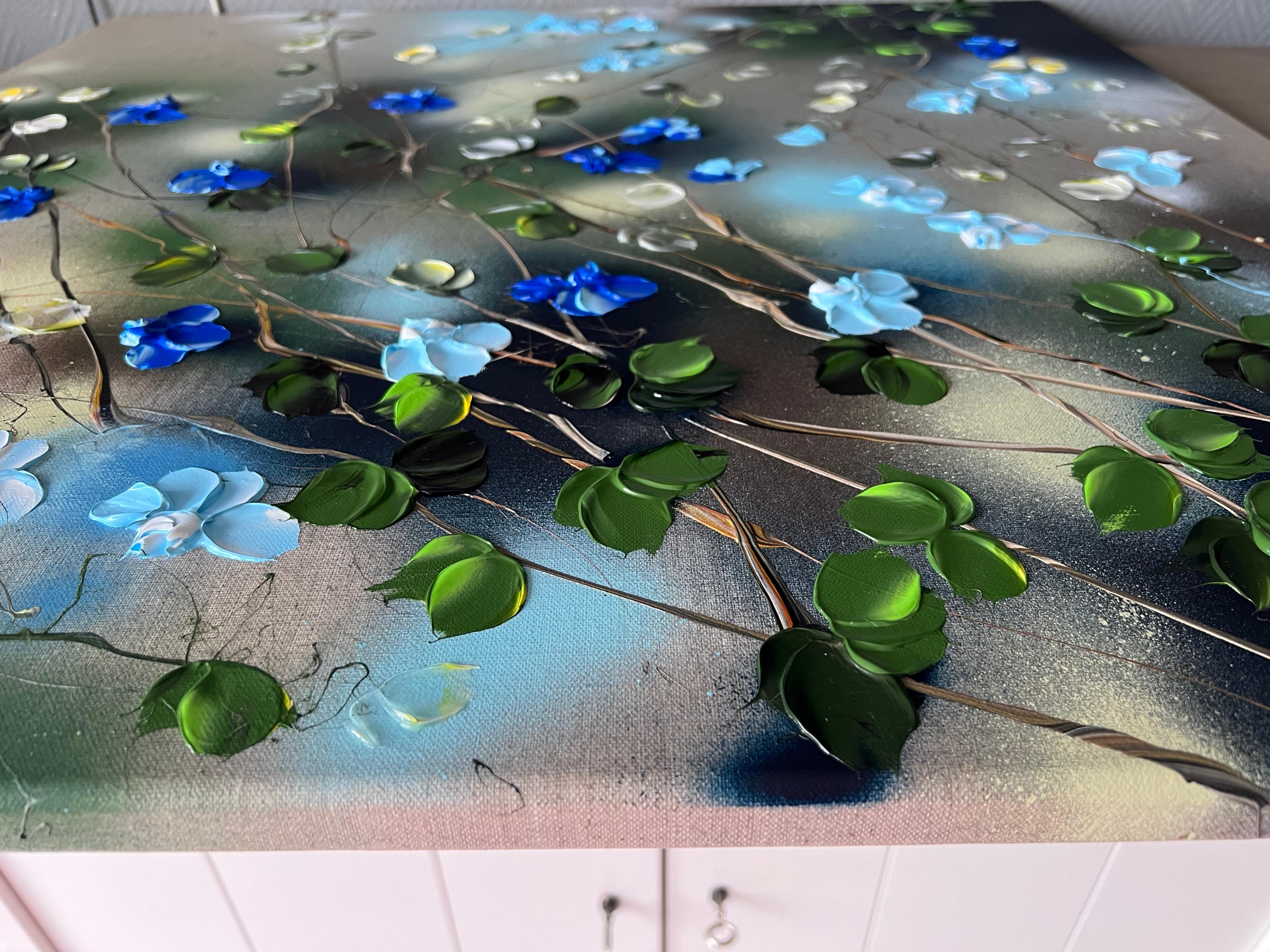 Ikebana I - original impressionistic painting with blue roses on linen canvas For Sale 15