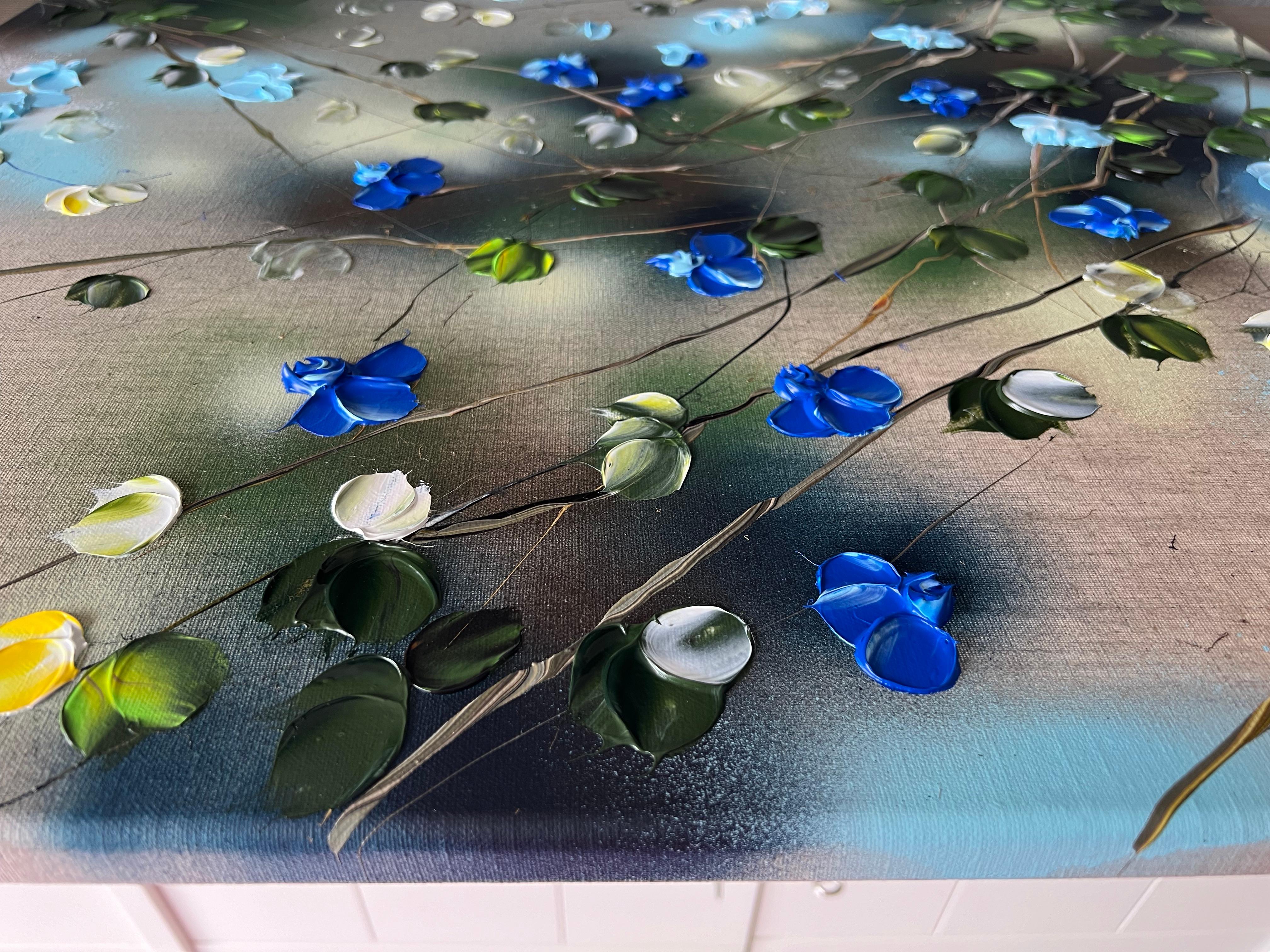 Ikebana I - original impressionistic painting with blue roses on linen canvas - Gray Landscape Painting by Anastassia Skopp