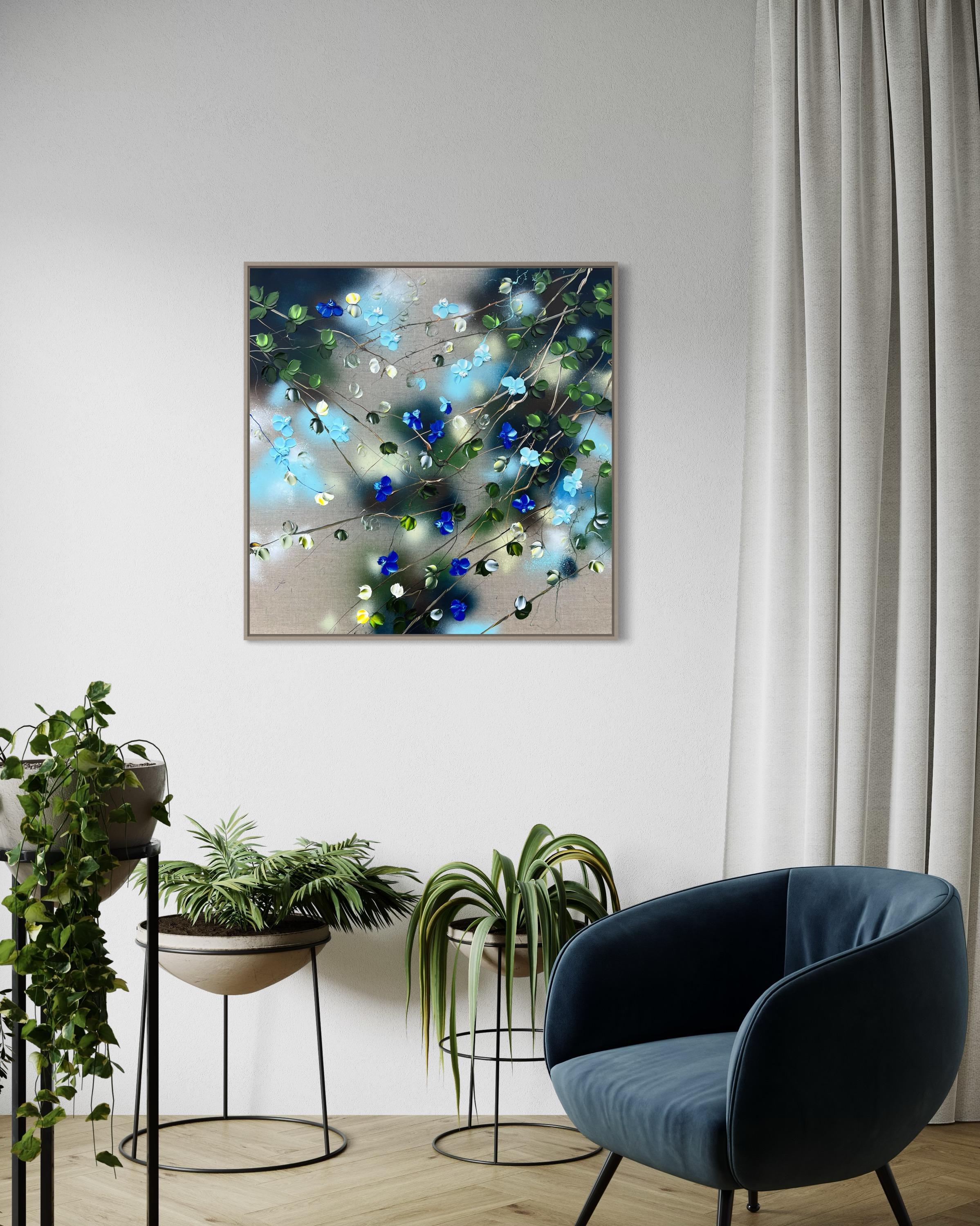 Ikebana I - original impressionistic painting with blue roses on linen canvas For Sale 2