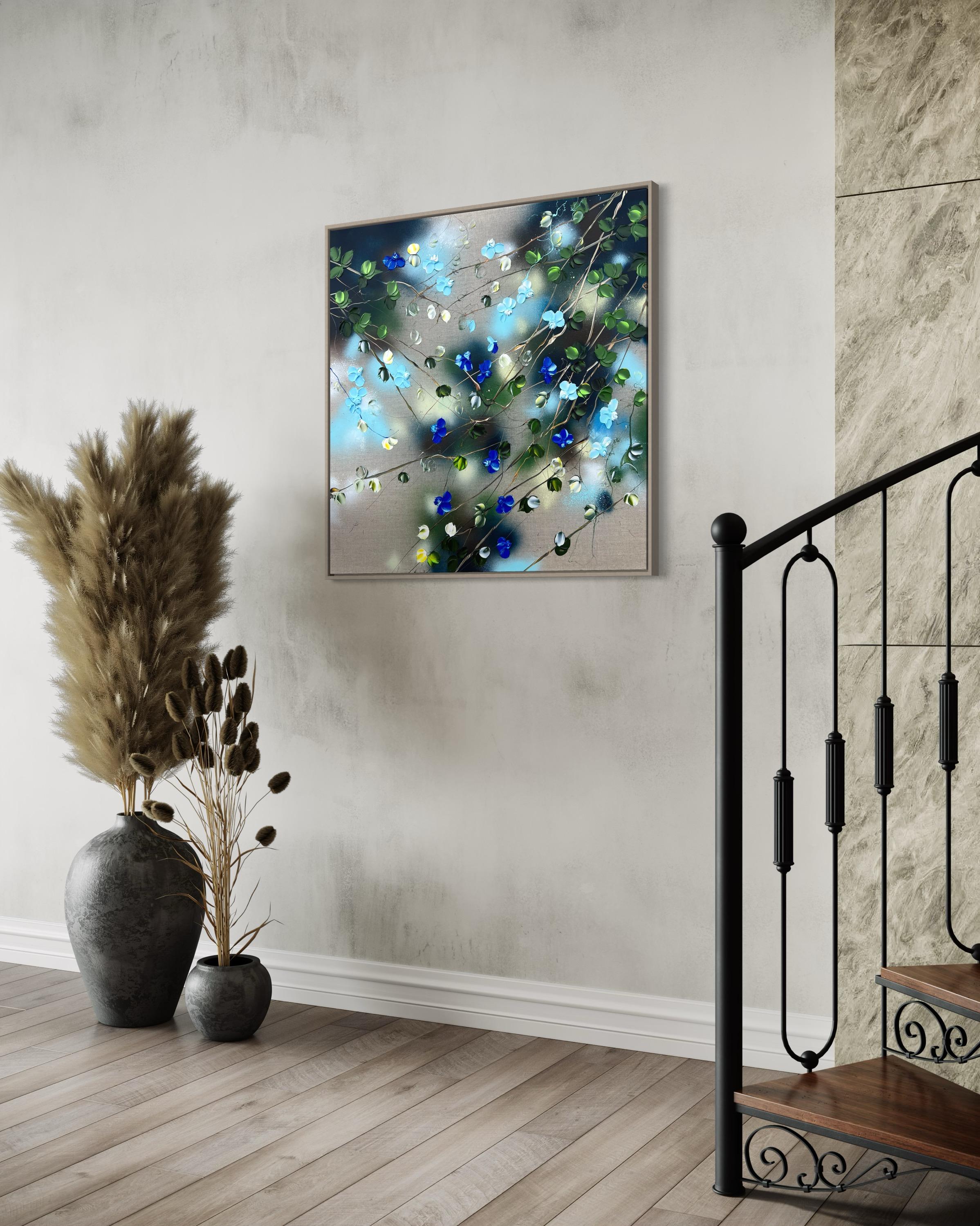 Ikebana I - original impressionistic painting with blue roses on linen canvas For Sale 3