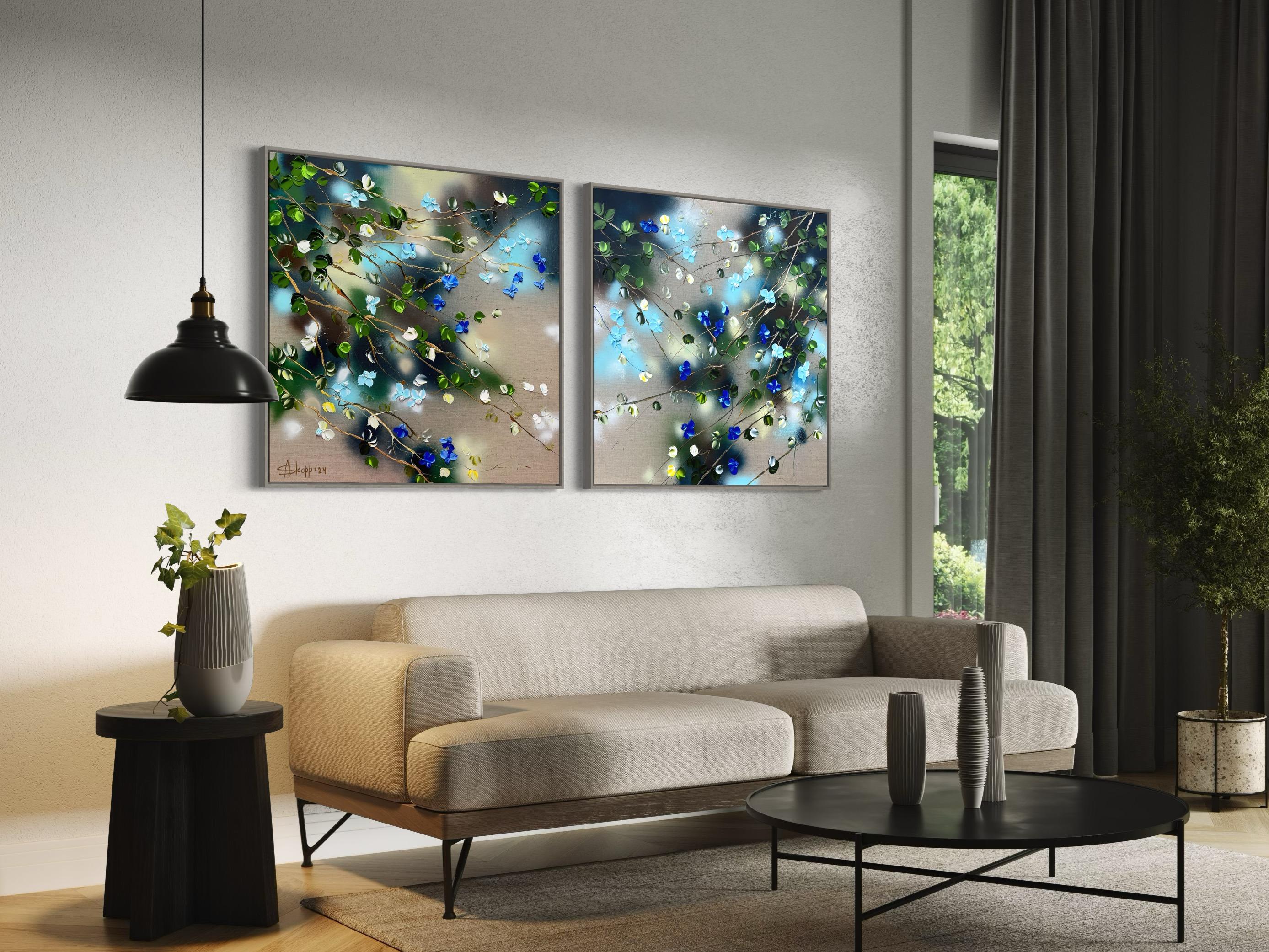 Ikebana I - original impressionistic painting with blue roses on linen canvas For Sale 4