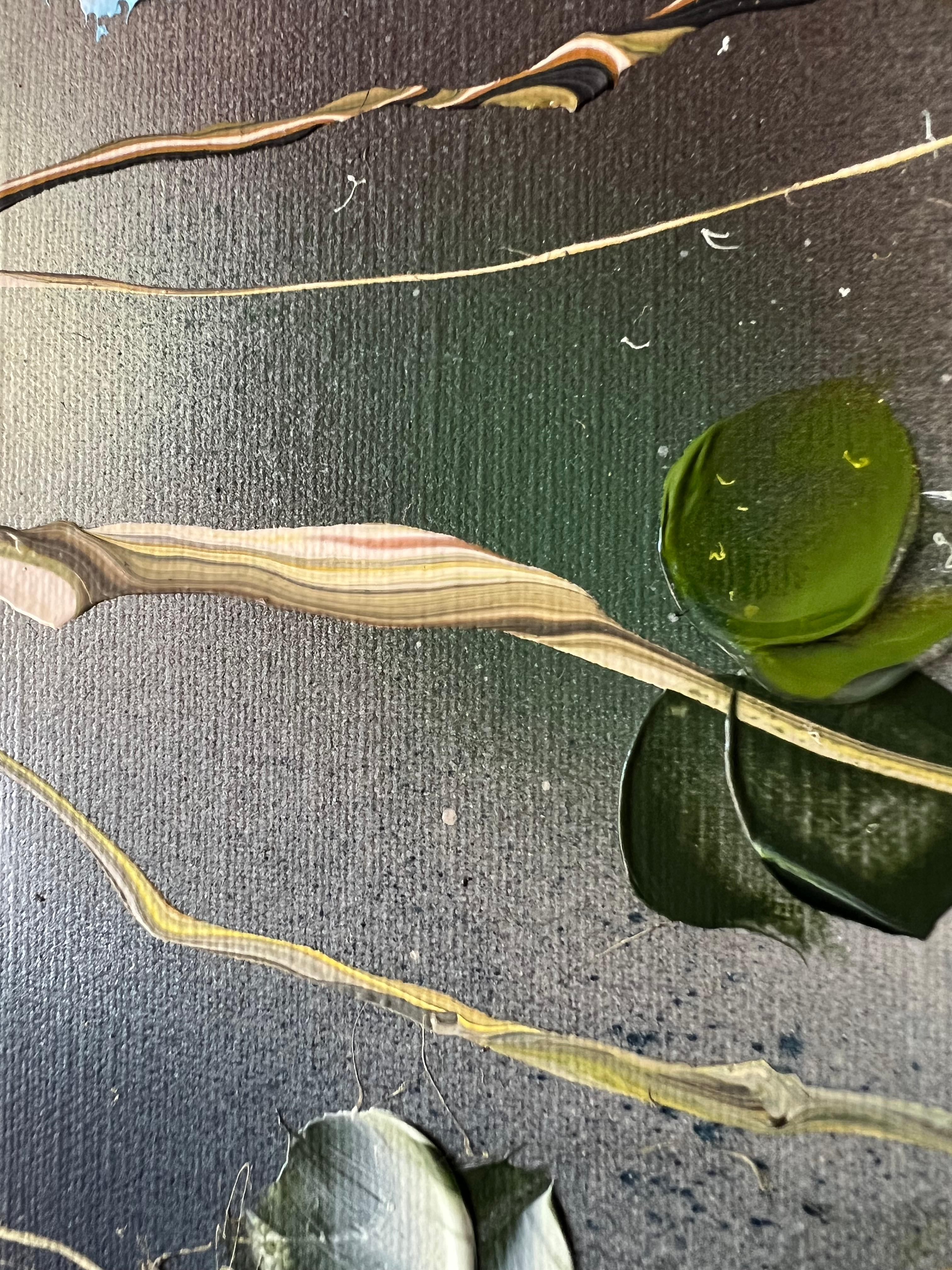 Ikebana - pintura impresionista con rosas azules sobre lienzo de lino en venta 5