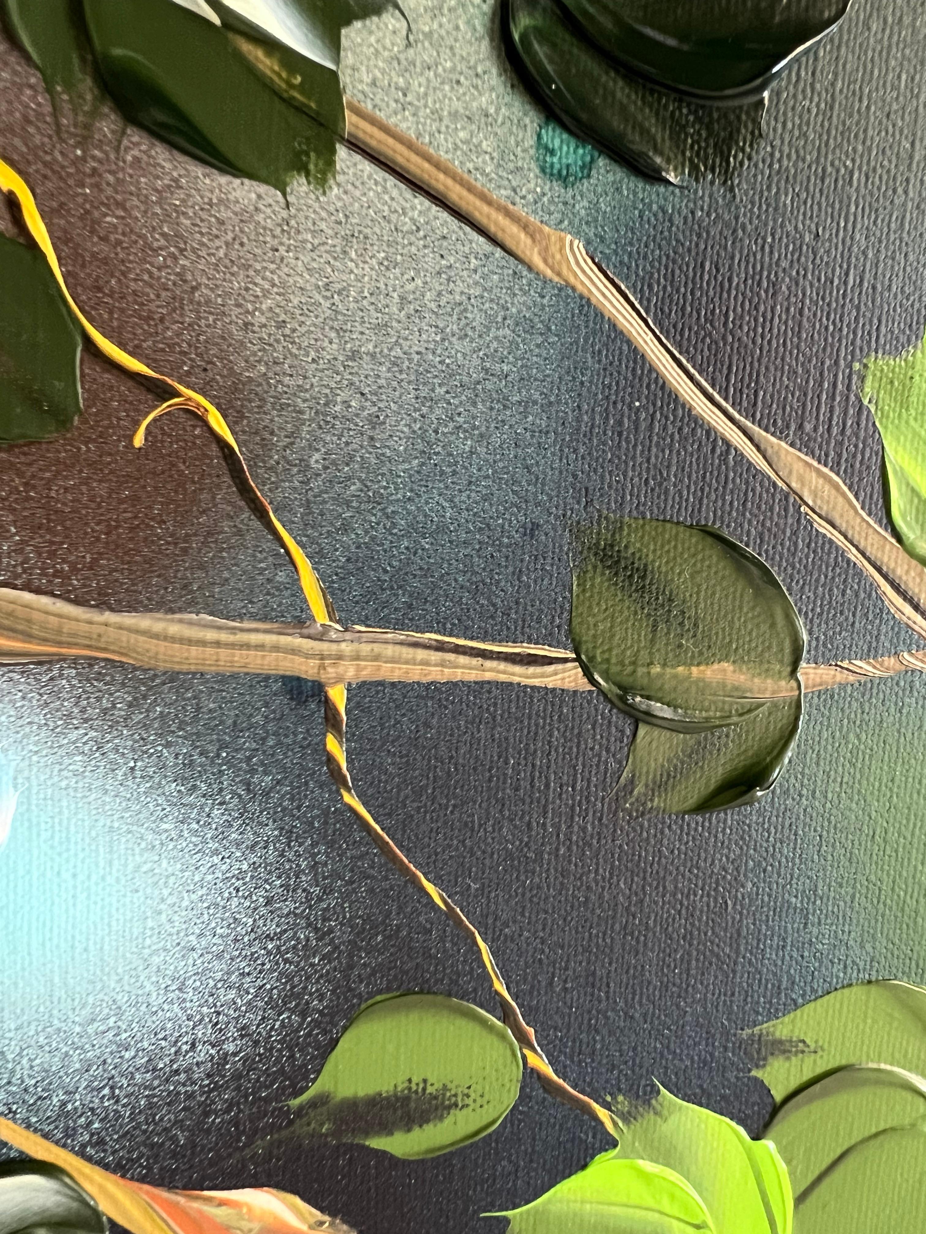 Ikebana - pintura impresionista con rosas azules sobre lienzo de lino en venta 11