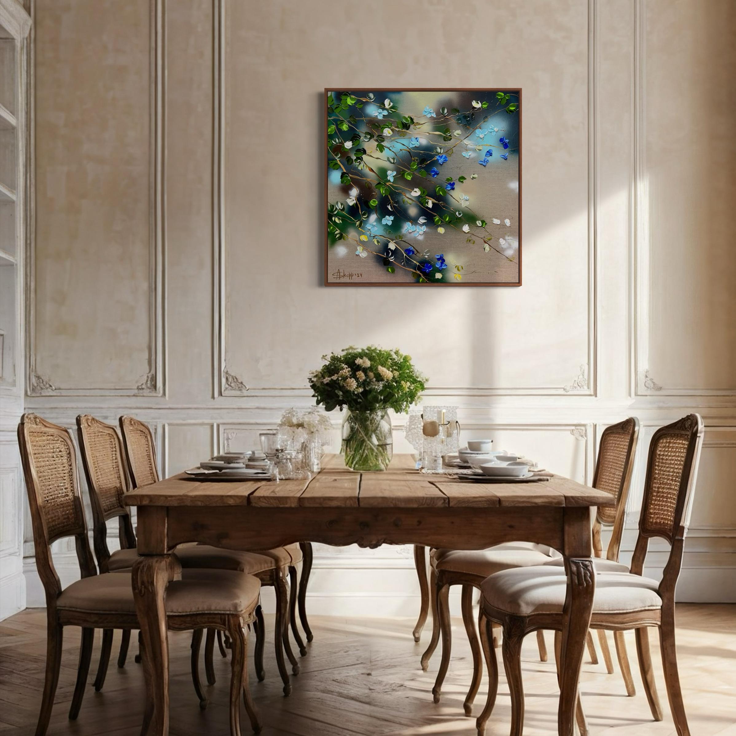 Ikebana - pintura impresionista con rosas azules sobre lienzo de lino en venta 14