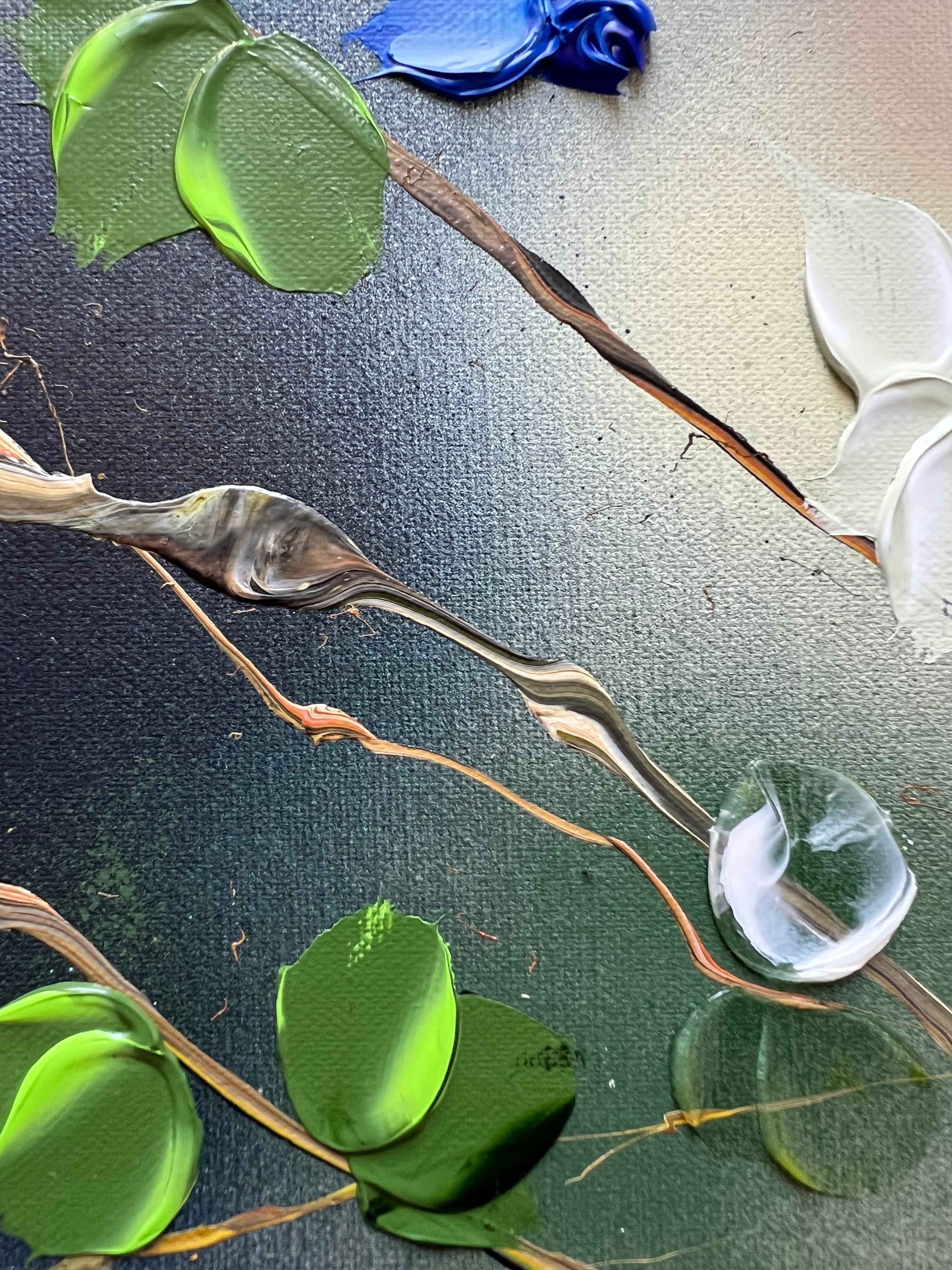 Ikebana - pintura impresionista con rosas azules sobre lienzo de lino - Painting de Anastassia Skopp