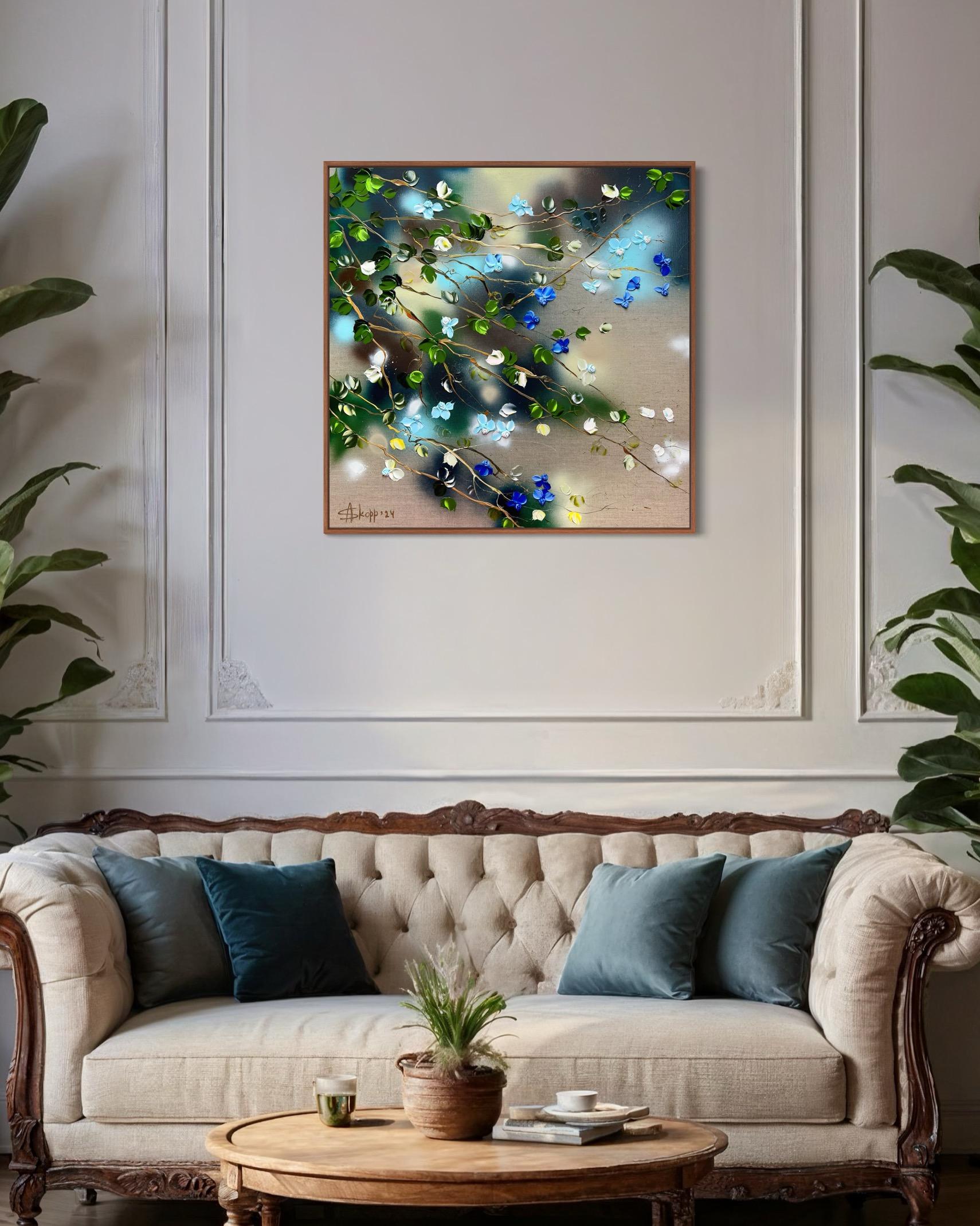 Ikebana - pintura impresionista con rosas azules sobre lienzo de lino en venta 15