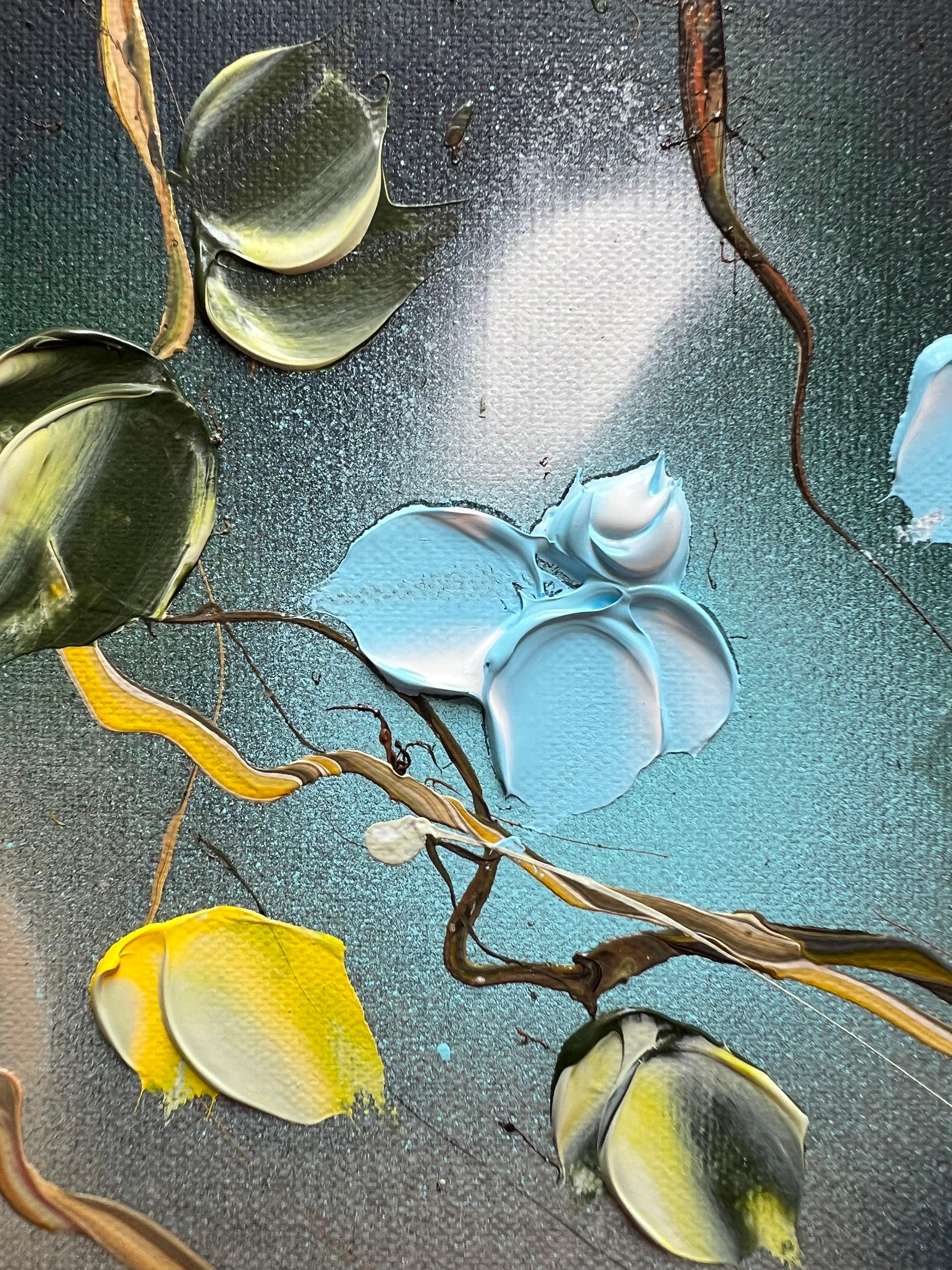 Ikebana - pintura impresionista con rosas azules sobre lienzo de lino - Painting Abstracto de Anastassia Skopp