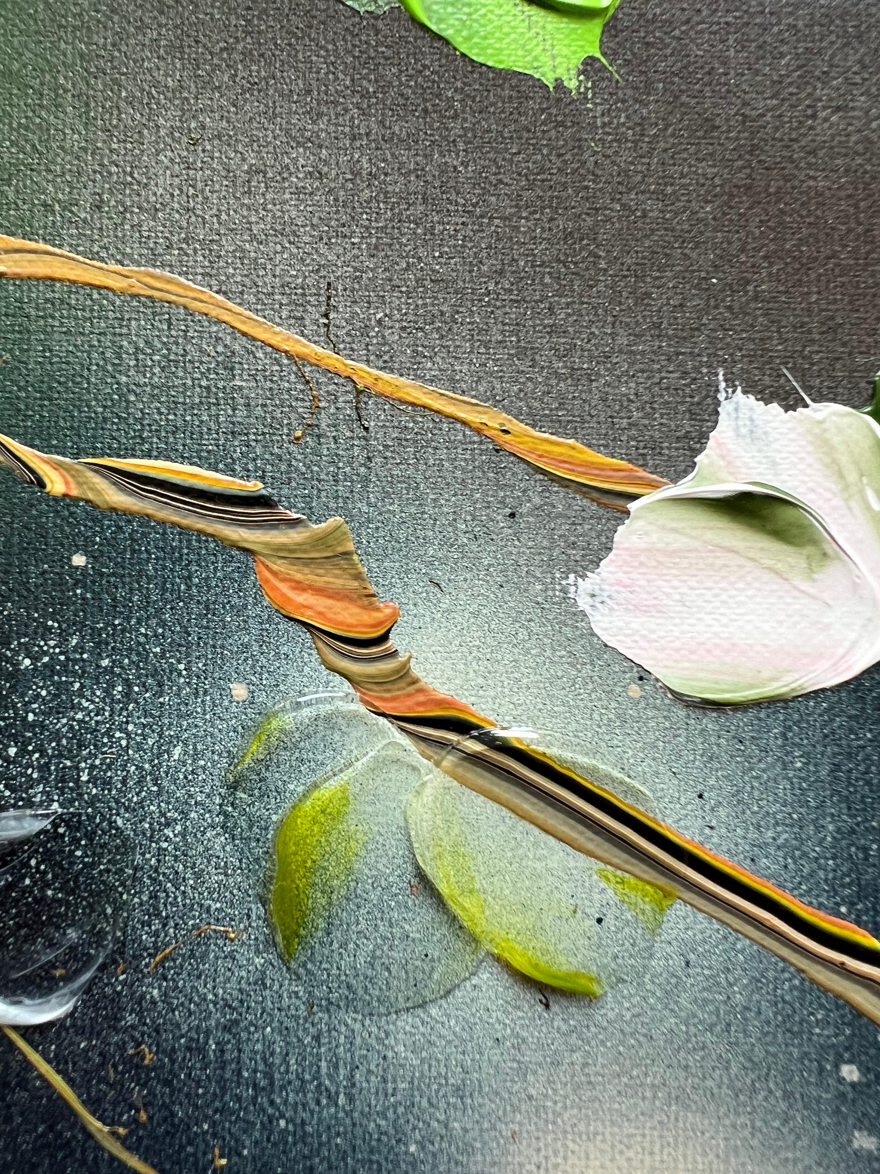 Ikebana - pintura impresionista con rosas azules sobre lienzo de lino - Interior Painting Gris de Anastassia Skopp