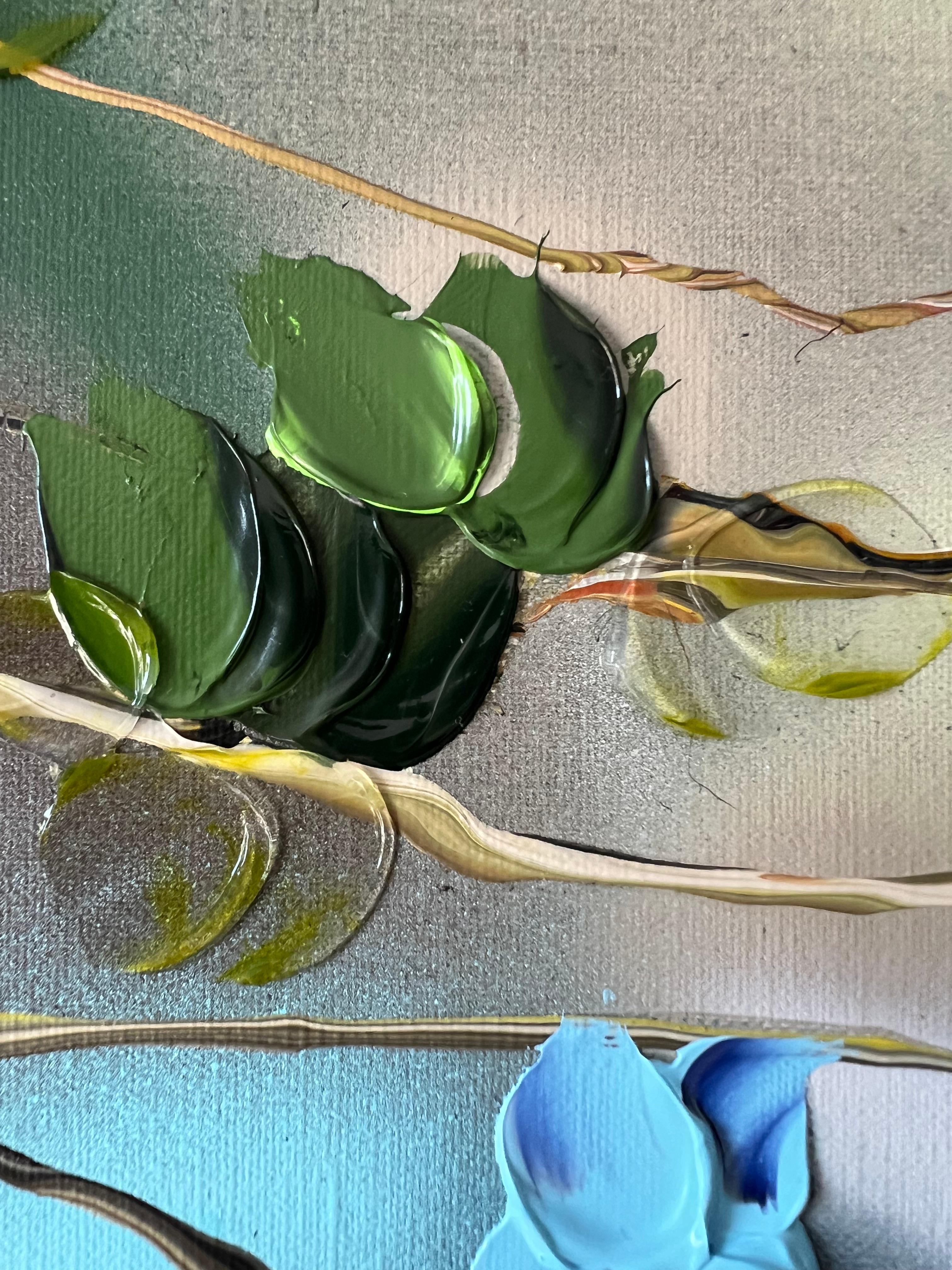 Ikebana - pintura impresionista con rosas azules sobre lienzo de lino en venta 4