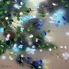Ikebana - quadro impressionista con rose blu su tela di lino