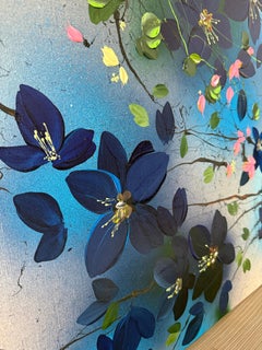 "Indigo Blossoms" impressionistic painting, dark blue flowers on linen canvas
