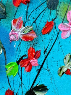 "It's Still Summer" square blue floral acrylic artwork on canvas, textured art