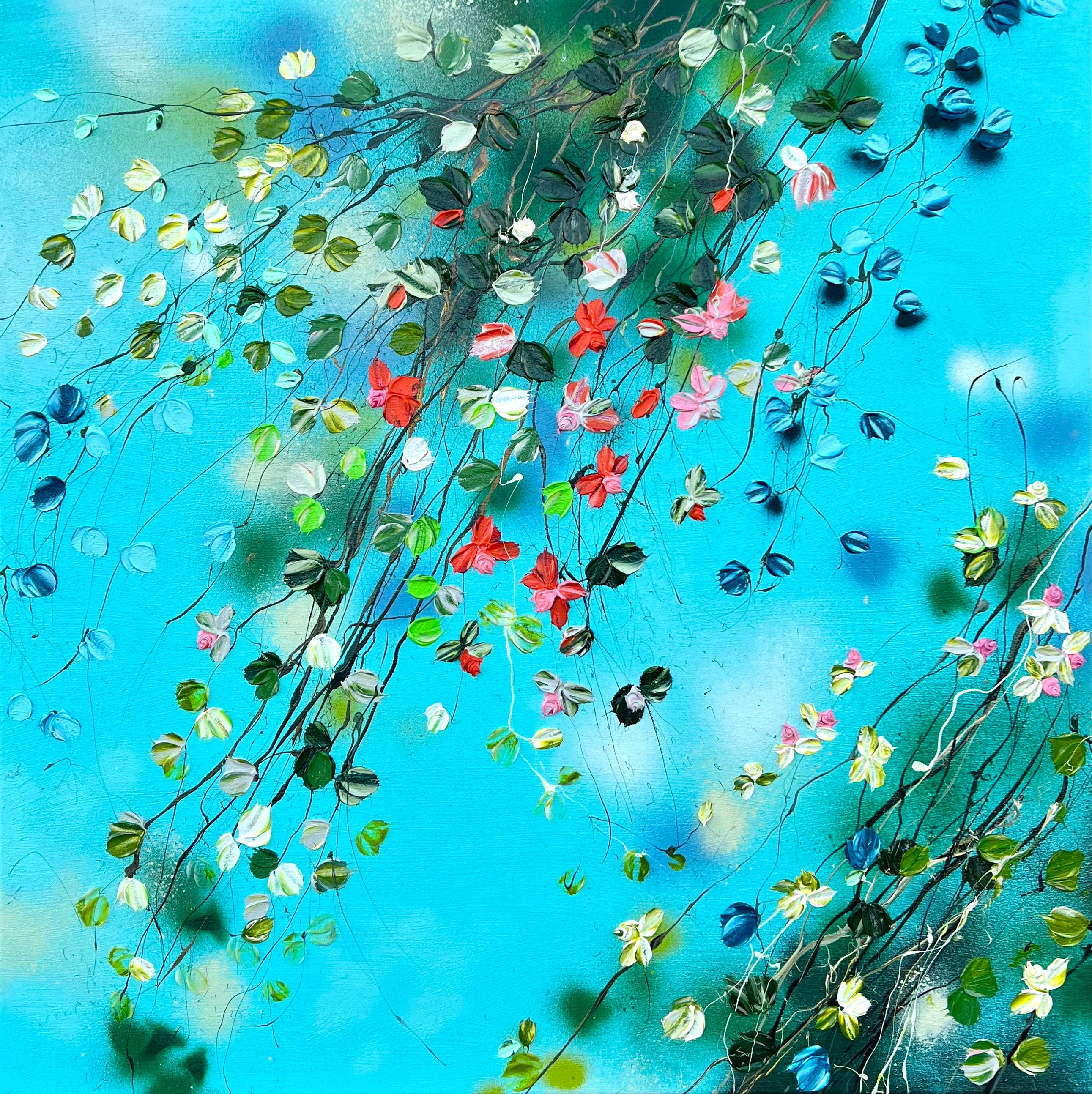 "It's Still Summer" square blue floral acrylic artwork on canvas, textured art