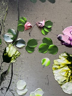 „Just Falling“ – Impasto-Malerei, braun, beige, bunte Blumen auf Leinen