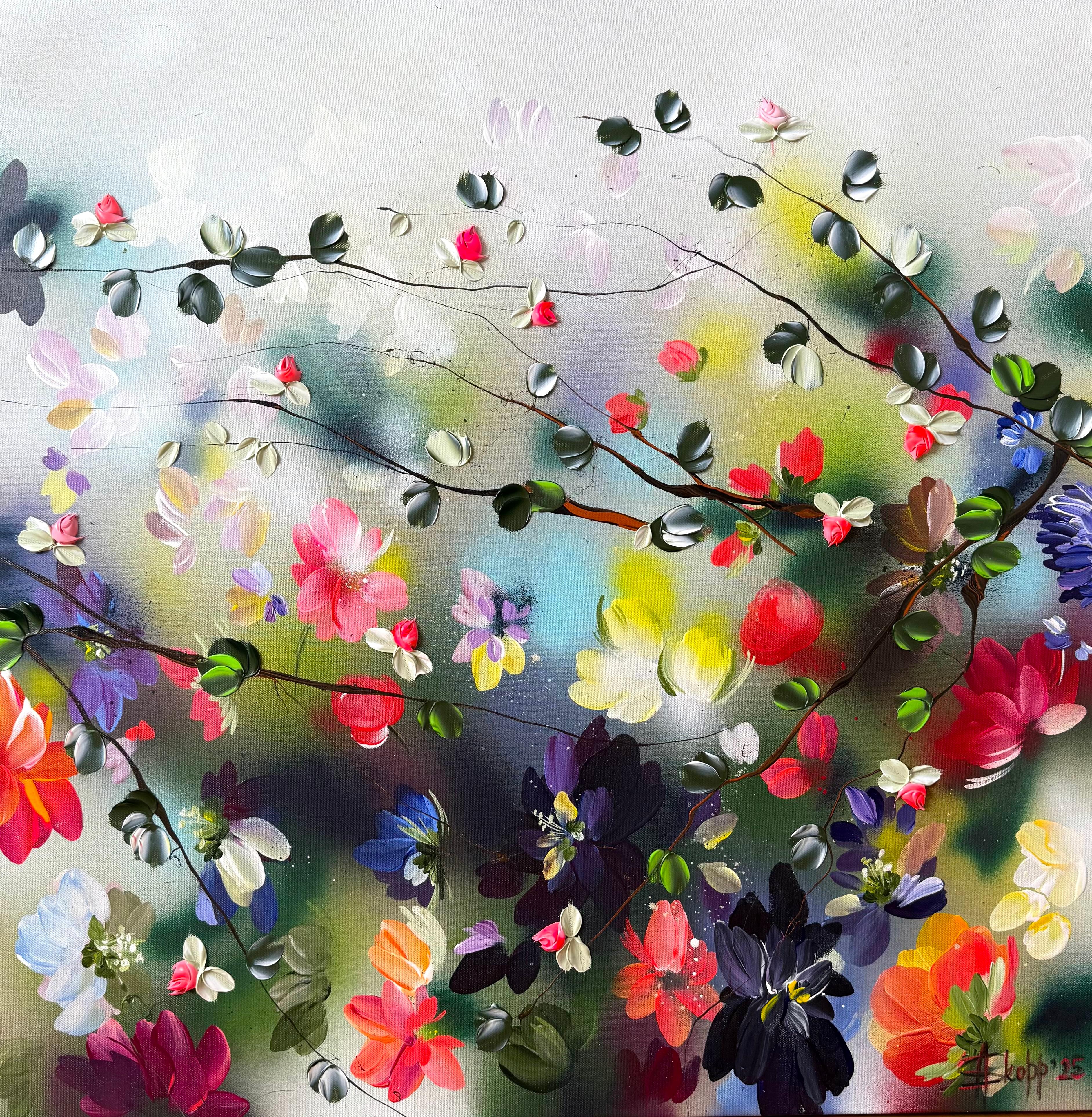 Landscape Painting Anastassia Skopp - "Kaori VII  - peinture impressionniste colorée avec fleurs sur toile 3d neon