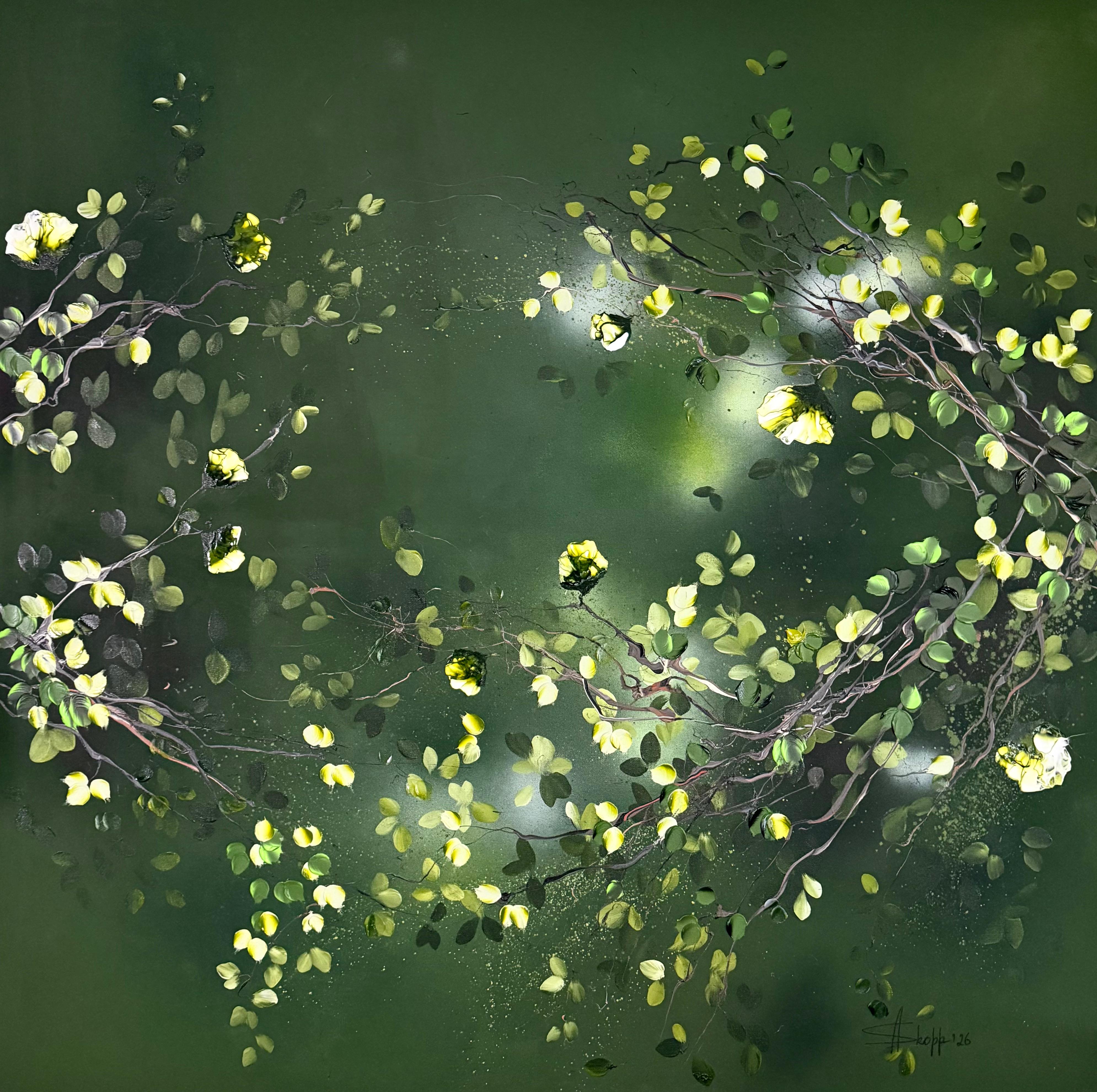 "Kodama"  extra large painting on linen canvas, forest, dark green, flowers