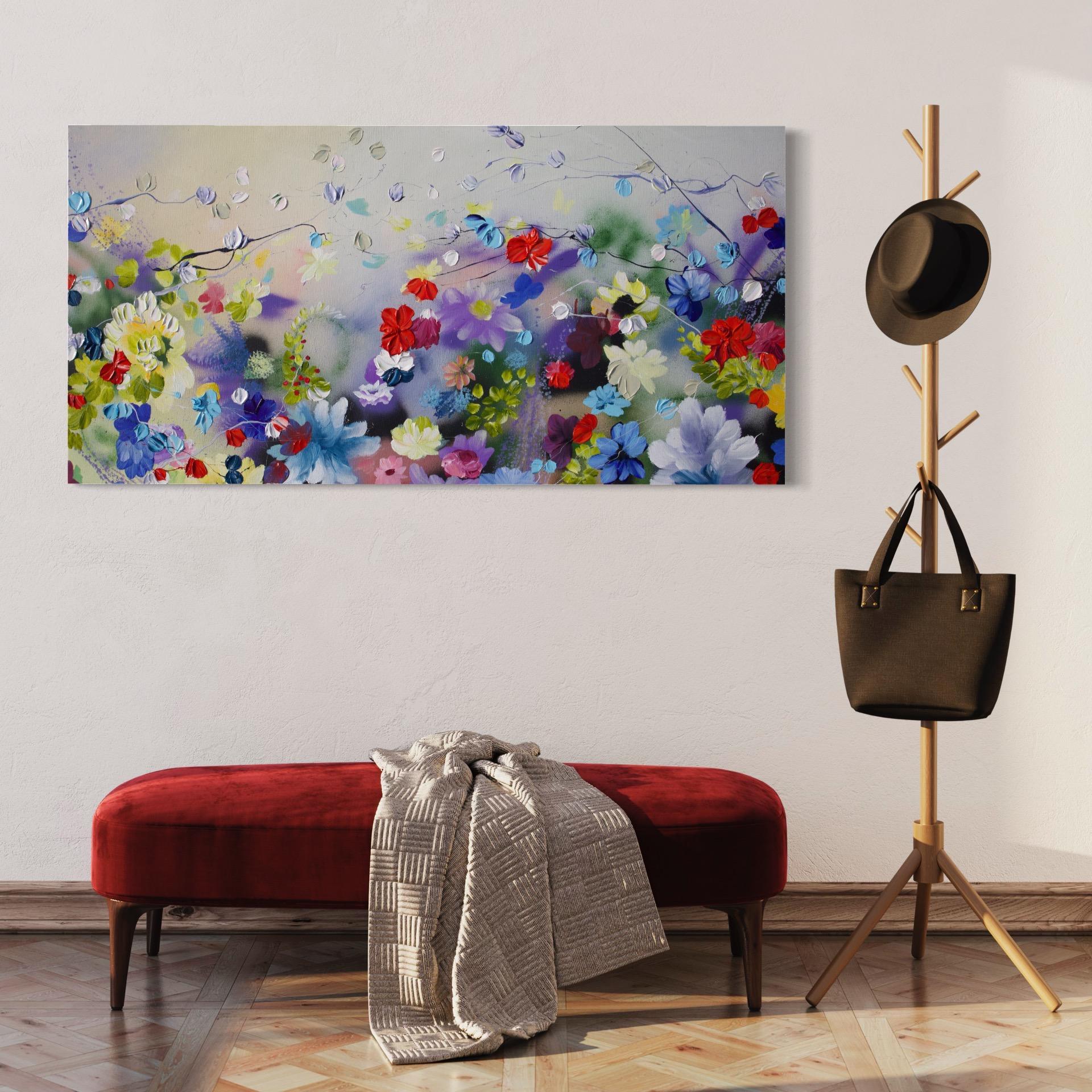 Pittura acrilica astratta su tela 120x60x4 cm (47,2 x 23,6 x 1,7 pollici). Tecnica mista su tela avvolta in galleria. L'opera è pronta per essere appesa. Non è necessario incorniciare. I lati dell'opera sono dipinti.
L'opera è firmata, datata e