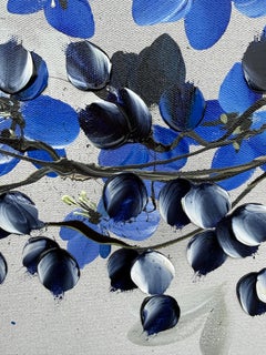 "Mitternachtsblüten" impressionistische Malerei, dunkelblaue Blumen auf Leinen