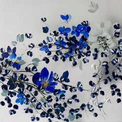 "Midnight Blossoms" impressionistic painting, dark blue flowers on linen canvas