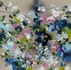 "Movimento - Rose I"  dipinto impressionista con fiori su tela di lino
