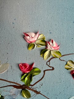 "Capullos rosas en el aire azul" pintura impresionista flores sobre lienzo de lino