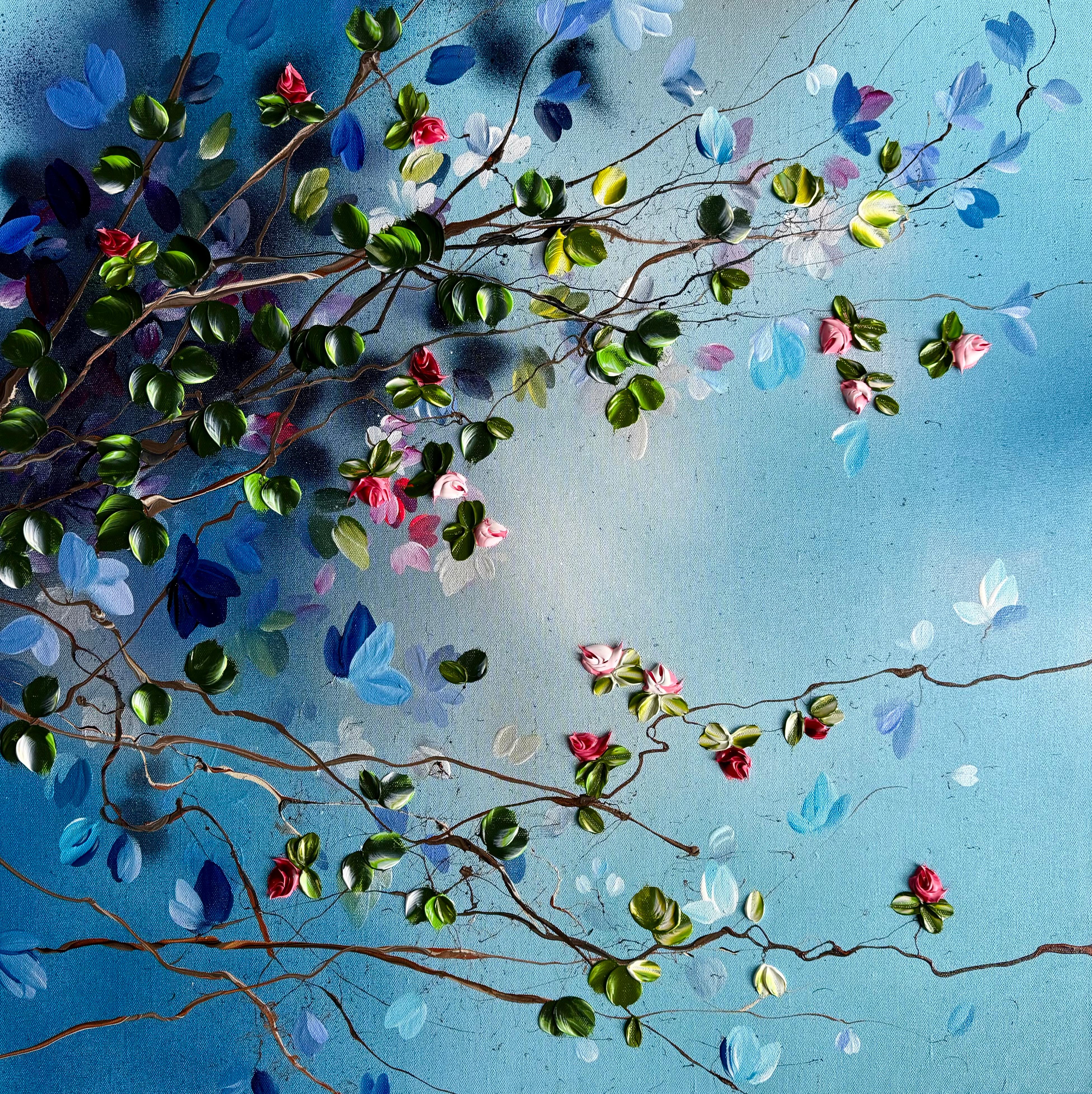 "Pink Buds in Blue Air" impressionistic painting flowers on linen canvas