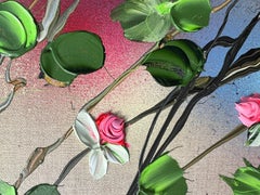 „Pink Flowers I“ quadratisches florales, romantisches, strukturiertes Gemälde auf Leinen-Leinwand