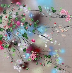 "Fiori rosa I" quadro quadrato floreale romantico con texture su tela di lino
