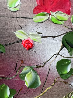 "Pink Flowers II" square floral romantic textured painting on linen canvas