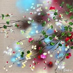 "Pink Flowers II" square floral romantic textured painting on linen canvas