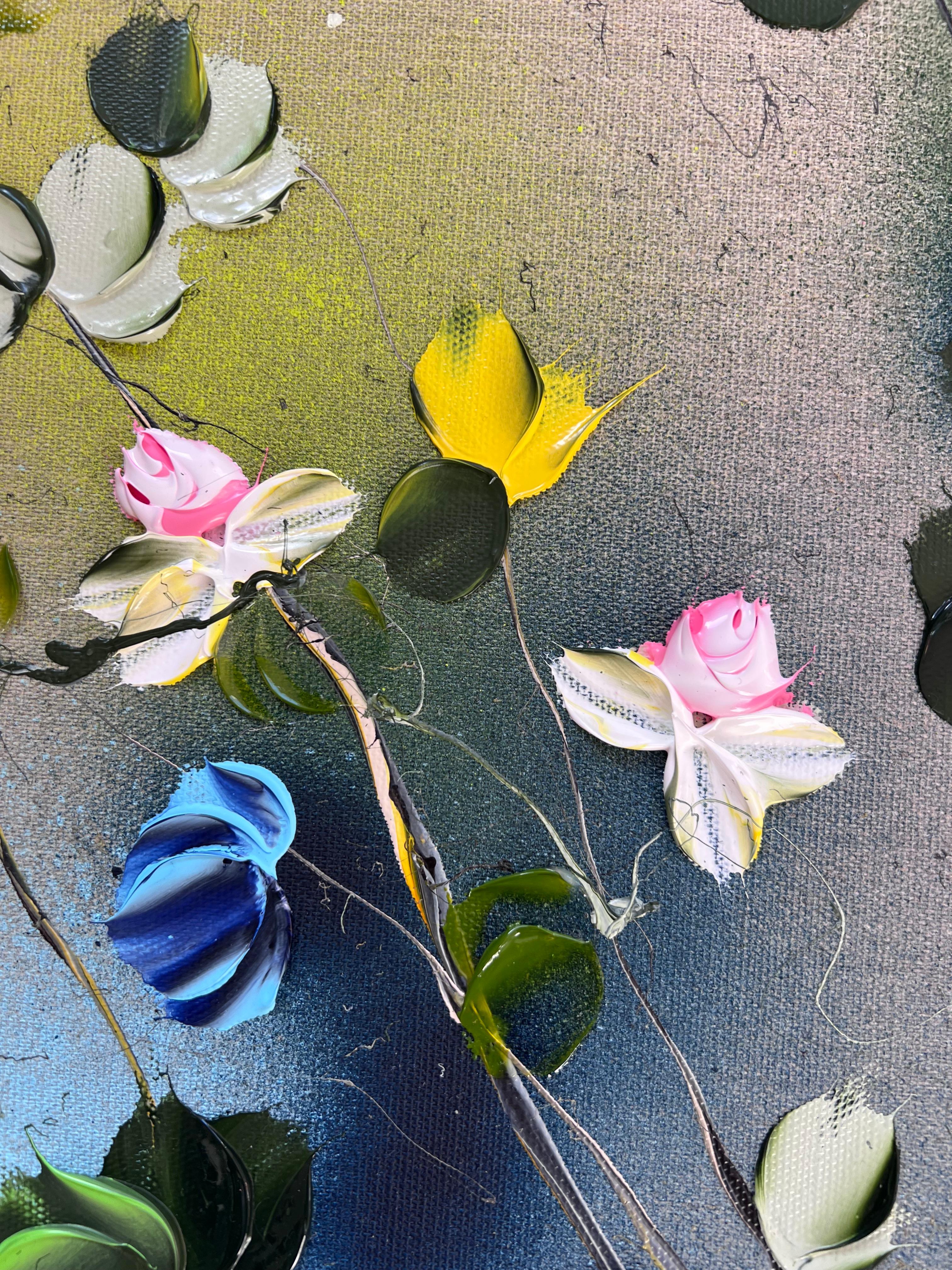 Poesia - pintura impresionista original con  rosas sobre lienzo de lino en venta 7