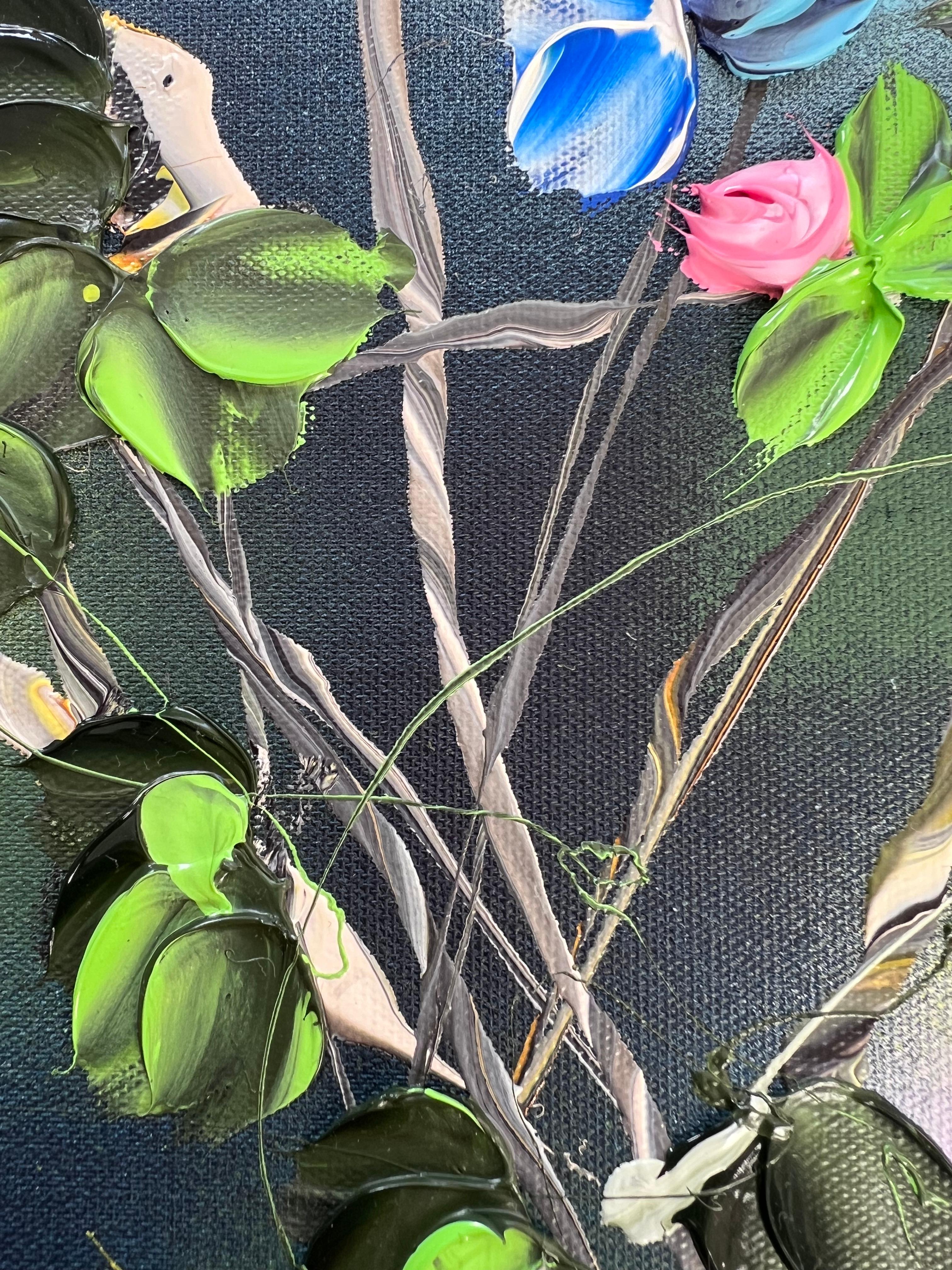 Poesia - pintura impresionista original con  rosas sobre lienzo de lino en venta 8