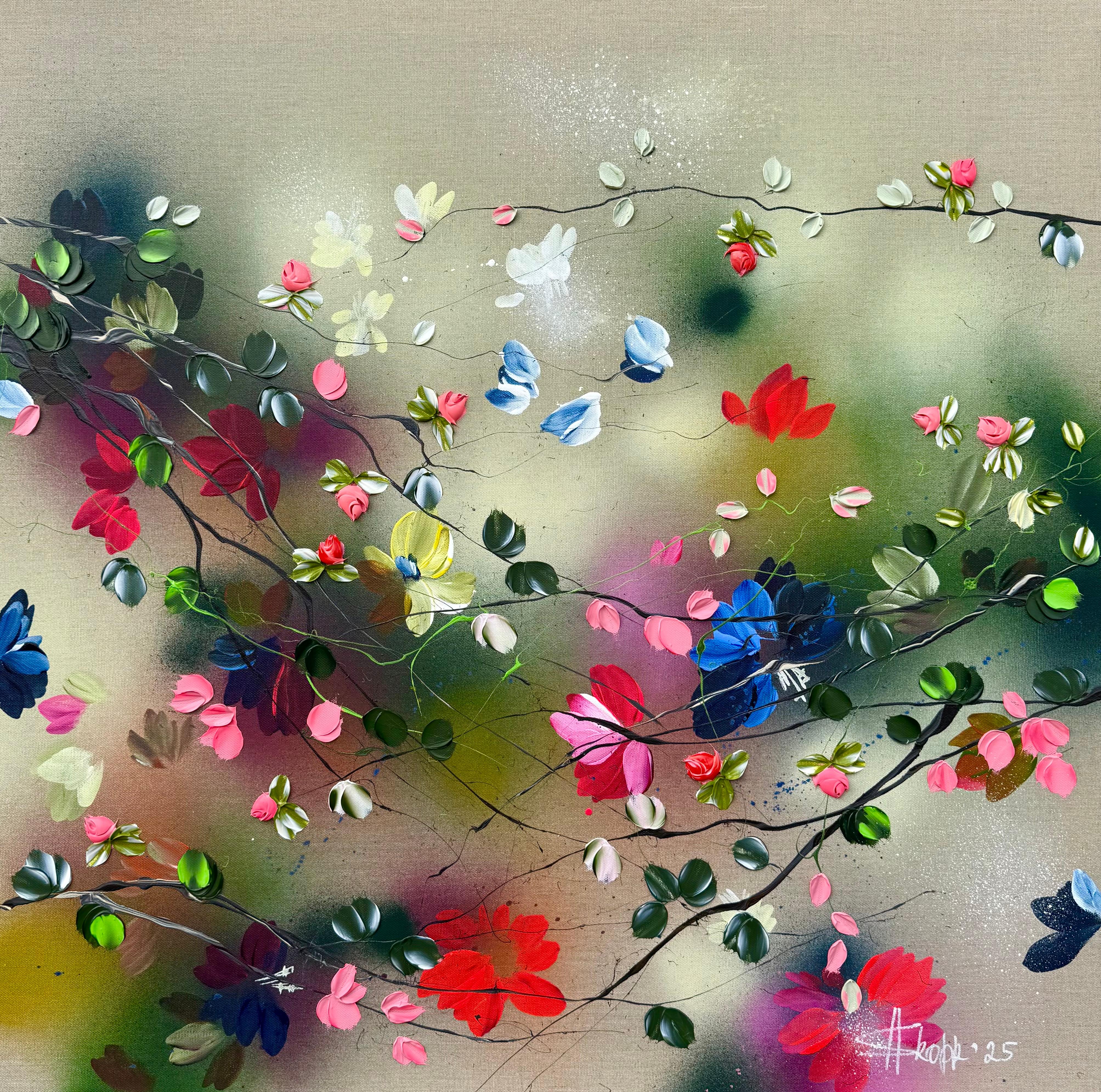 Interior Painting di Anastassia Skopp - "Potpourri"  - colorato dipinto impressionistico 3d con fiori su tela di lino