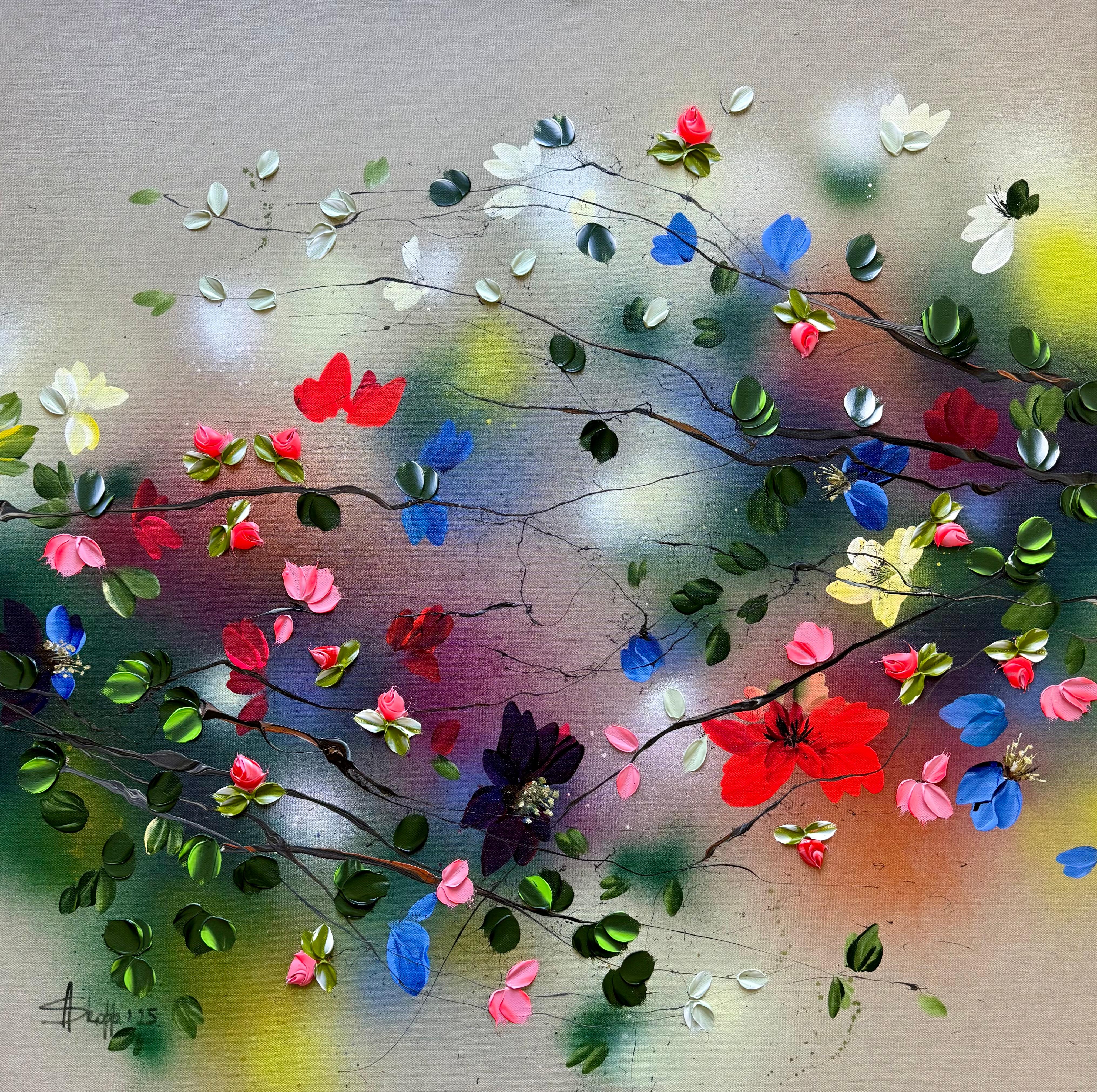 Anastassia Skopp Interior Painting - "Potpourri I" colorful 3d impressionistic painting with flowers on linen canvas