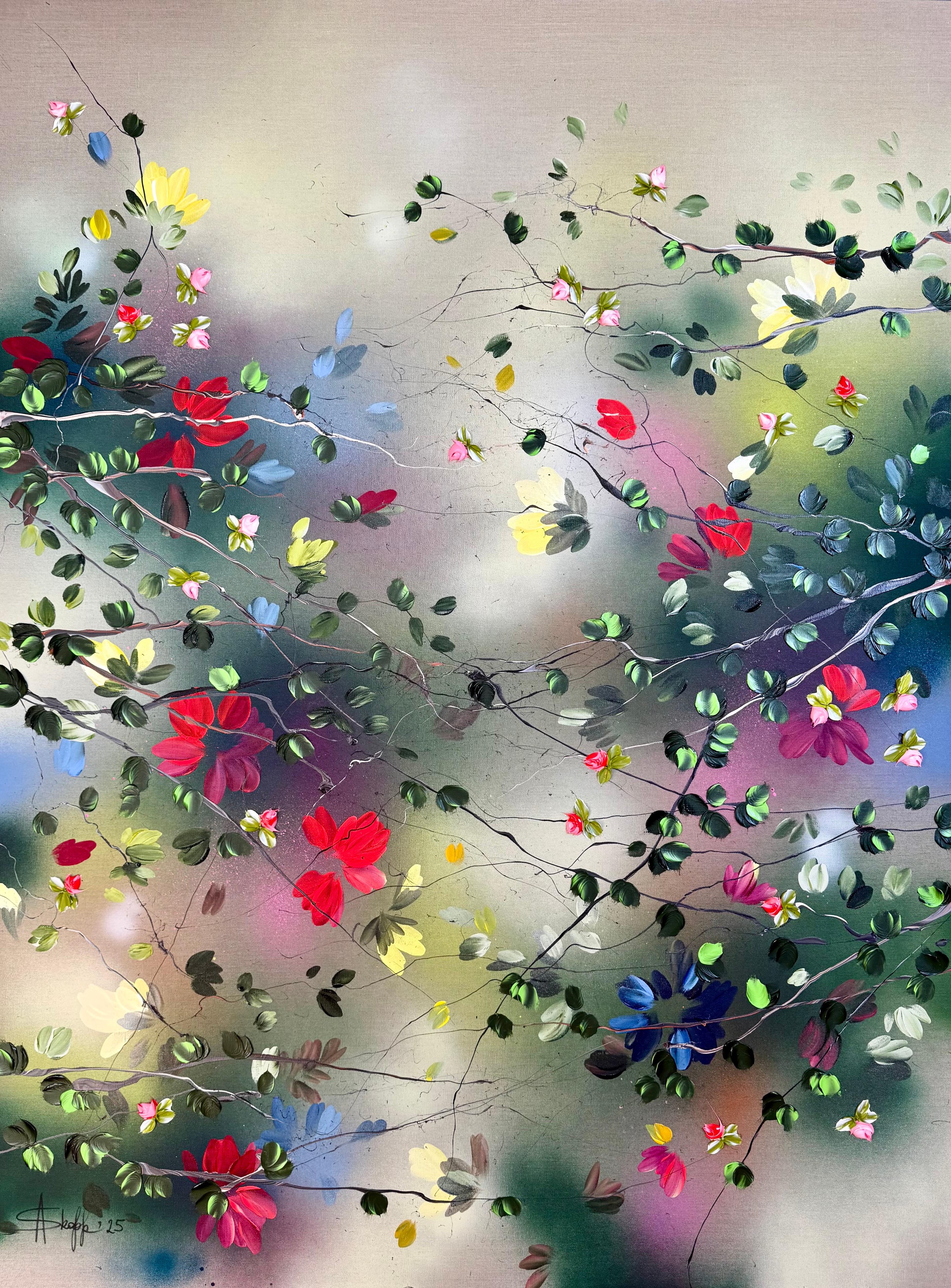 Abstract Painting de Anastassia Skopp - "Popurrí II"  cuadro extragrande sobre lienzo de lino, rosaleda, flores, rosa