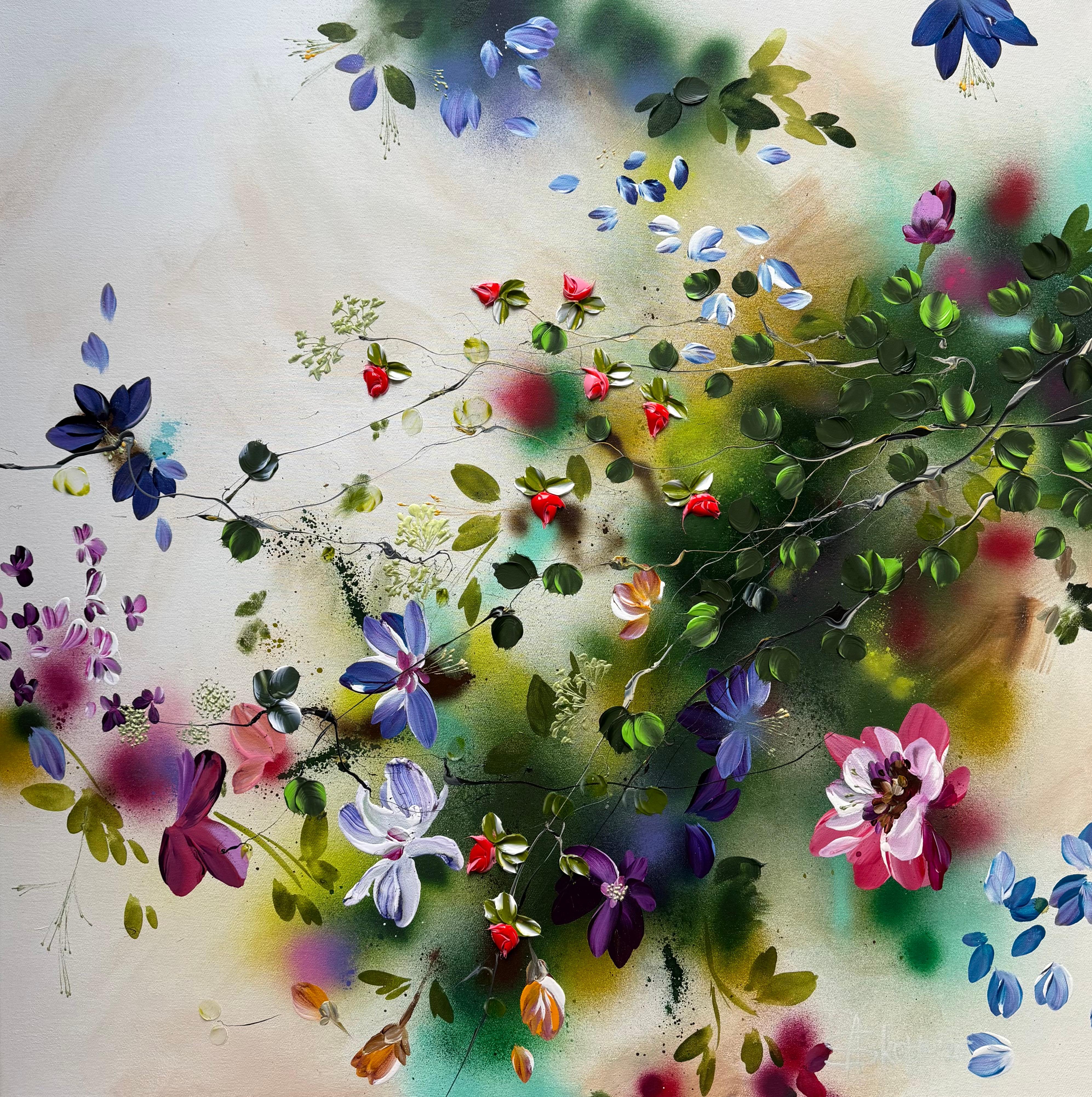 Anastassia Skopp Landscape Painting – "Potpourri III" colorful 3d impressionistic painting with flowers on canvas