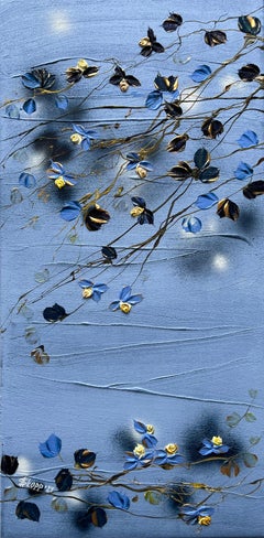 "Powder Blue Morning" arte floral abstracto con textura