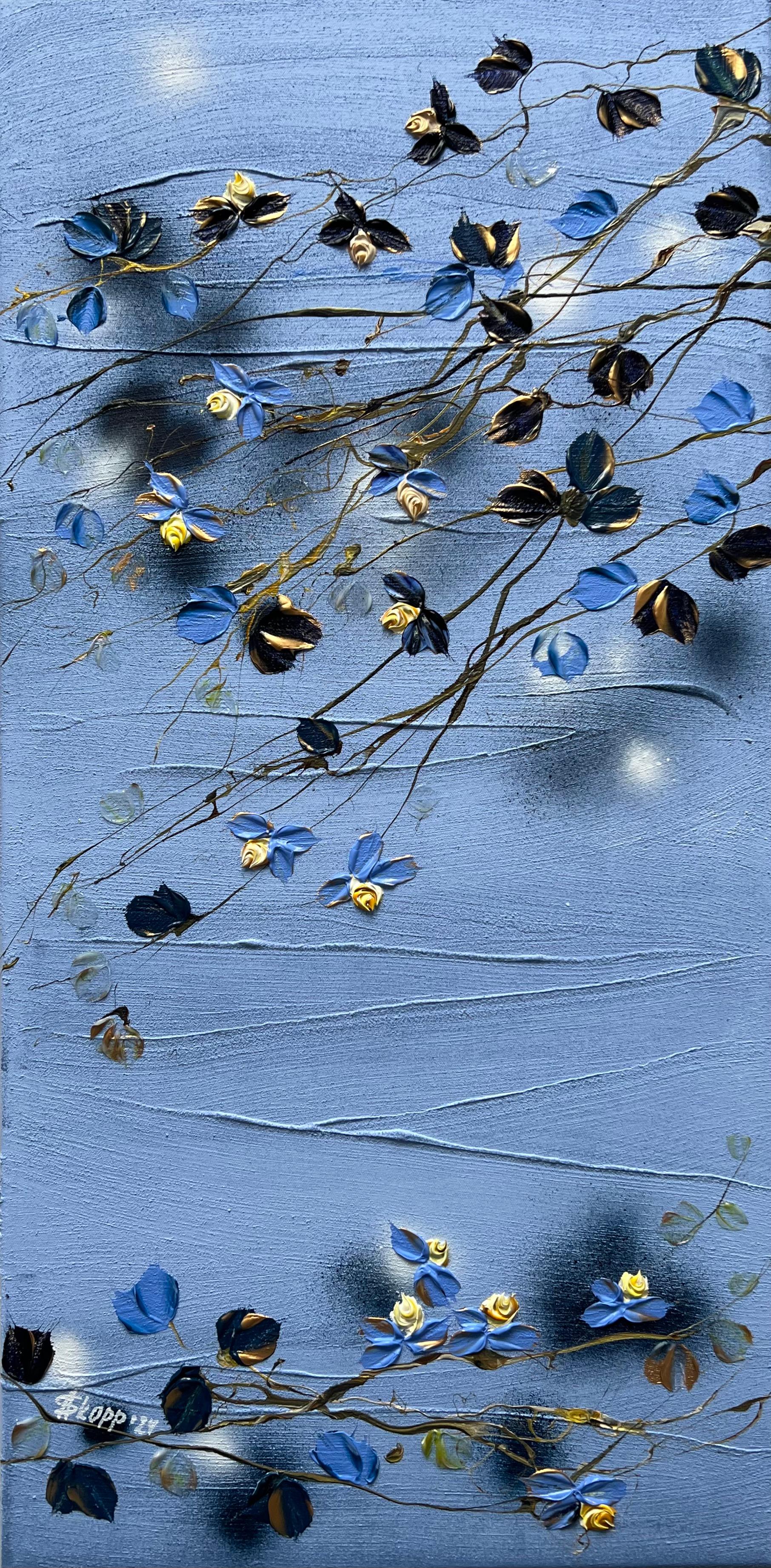 Anastassia Skopp Abstract Painting - "Puder Blue Morning" textured vertical format floral acrylic painting on canvas