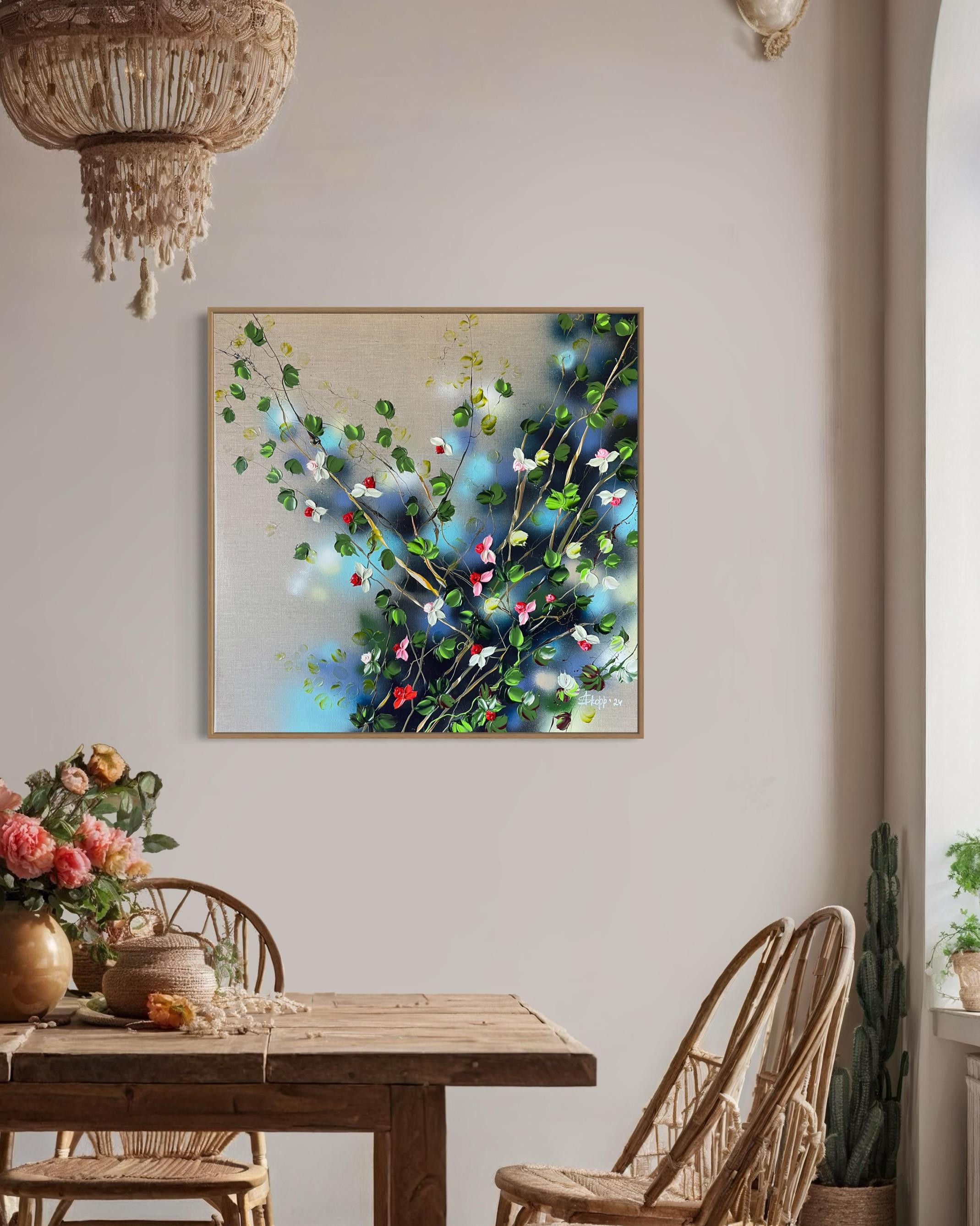 Floración tranquila de la serenidad - cuadro romántico floral cuadrado sobre lienzo de lino en venta 8