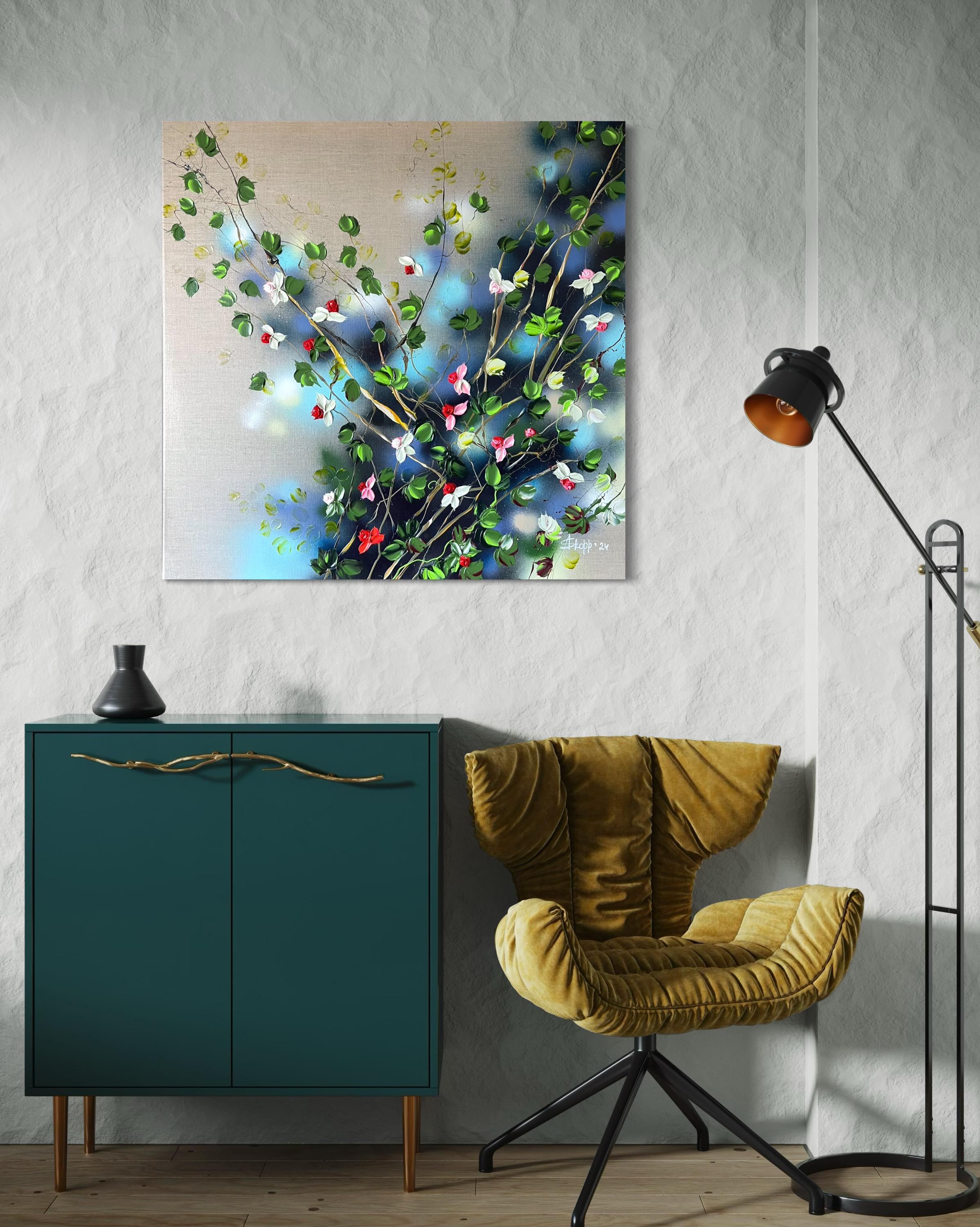 Floración tranquila de la serenidad - cuadro romántico floral cuadrado sobre lienzo de lino en venta 9