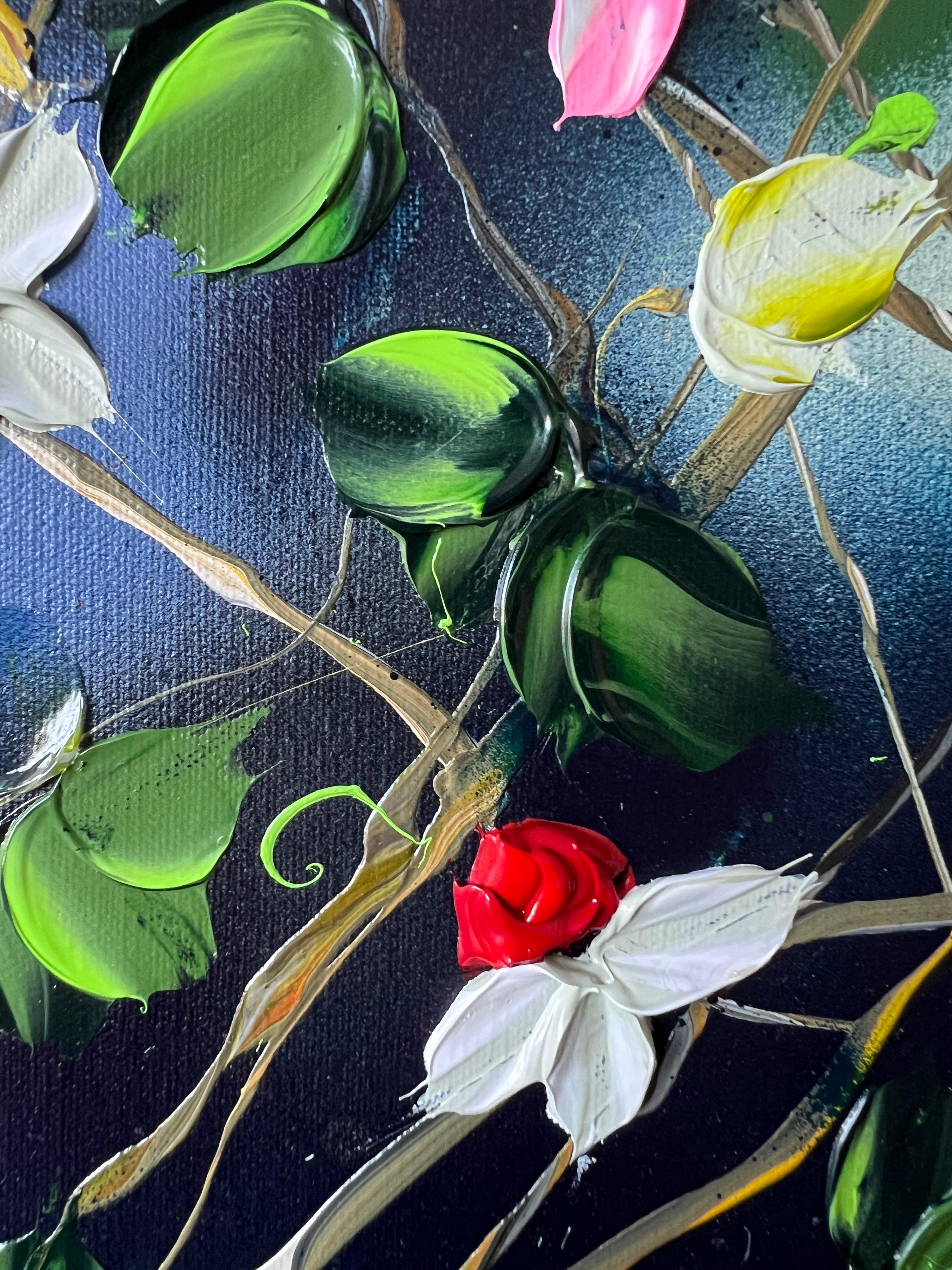 Floración tranquila de la serenidad - cuadro romántico floral cuadrado sobre lienzo de lino en venta 10