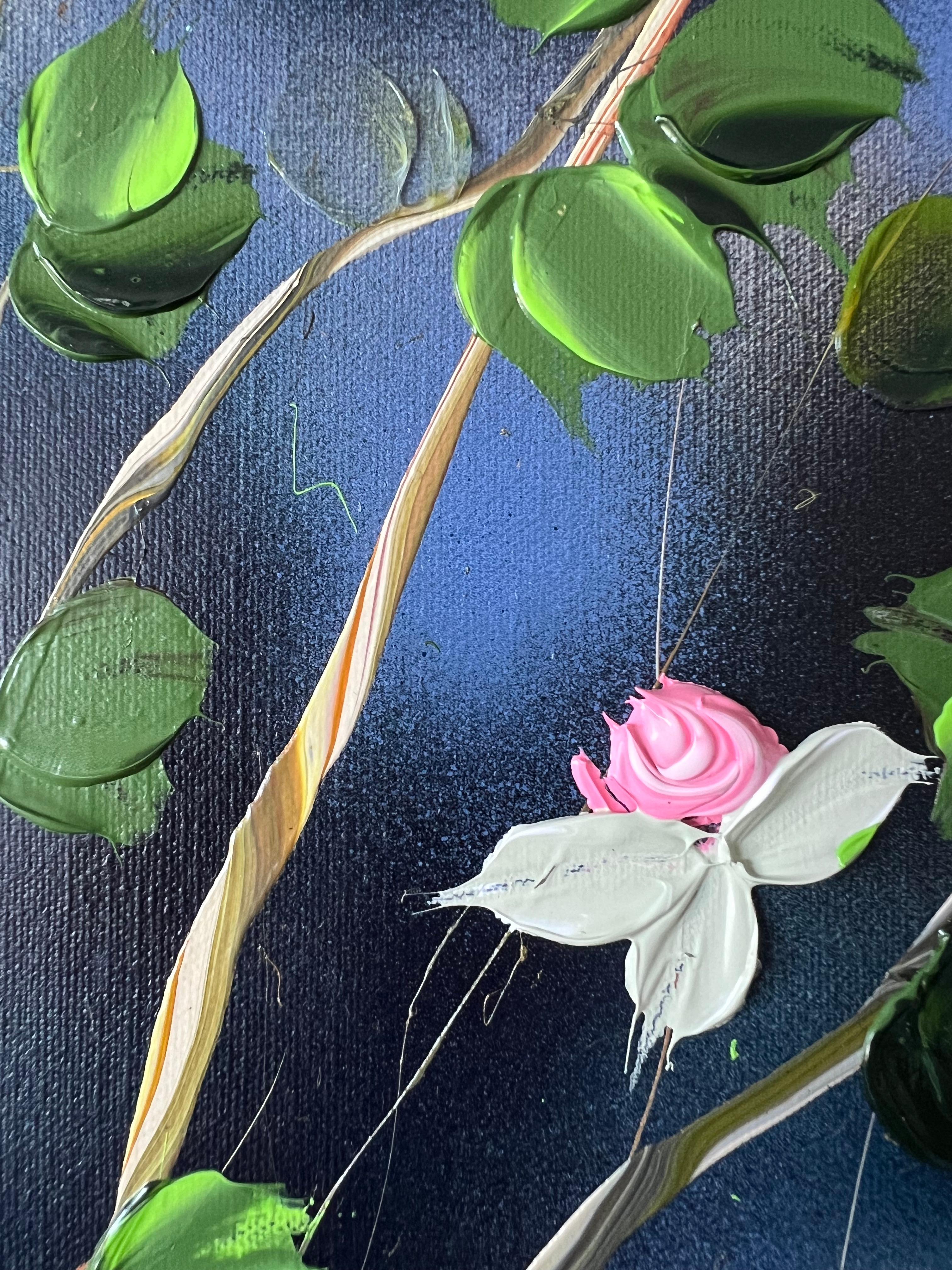 Floración tranquila de la serenidad - cuadro romántico floral cuadrado sobre lienzo de lino en venta 12