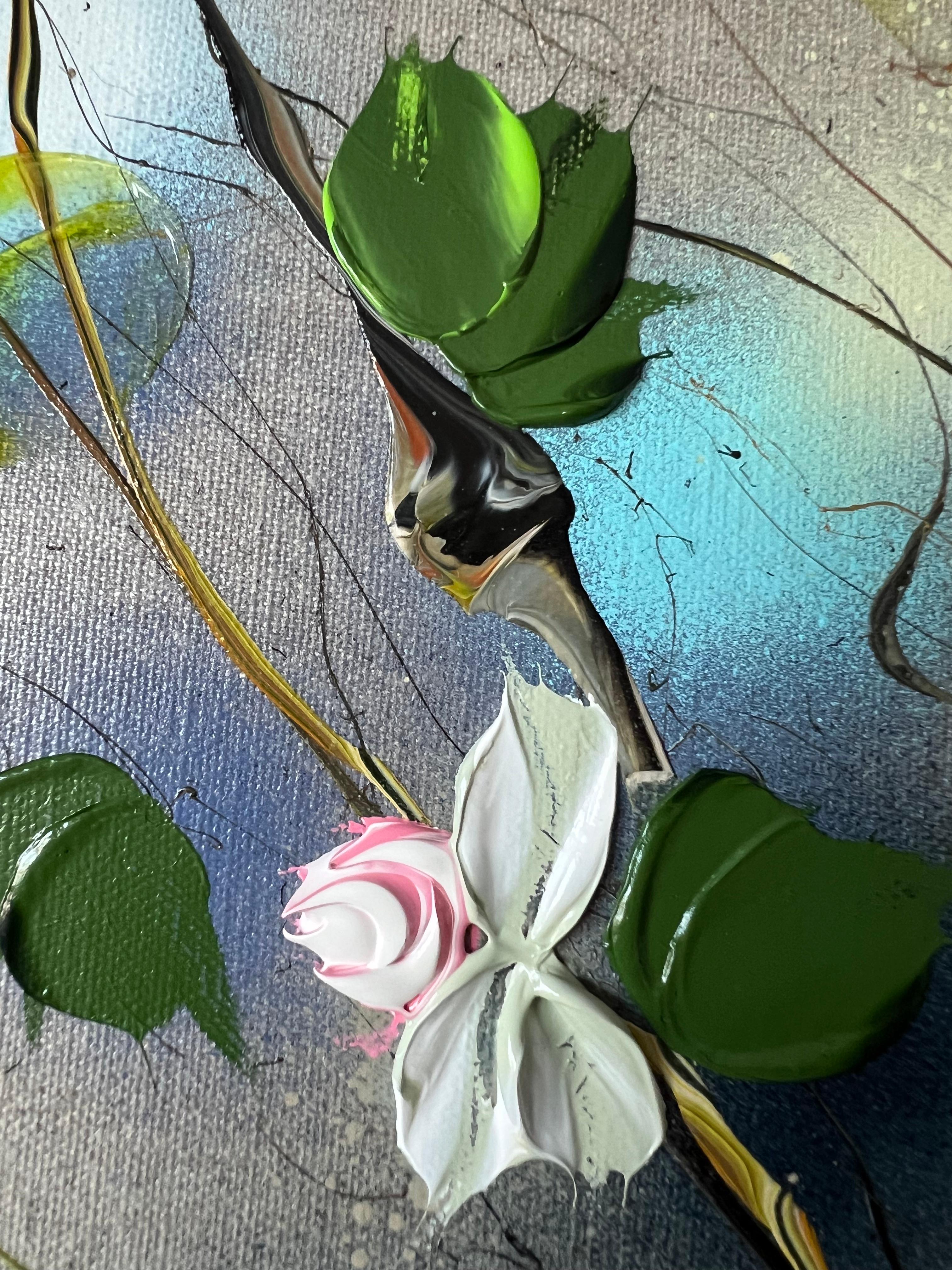 Floración tranquila de la serenidad - cuadro romántico floral cuadrado sobre lienzo de lino en venta 13